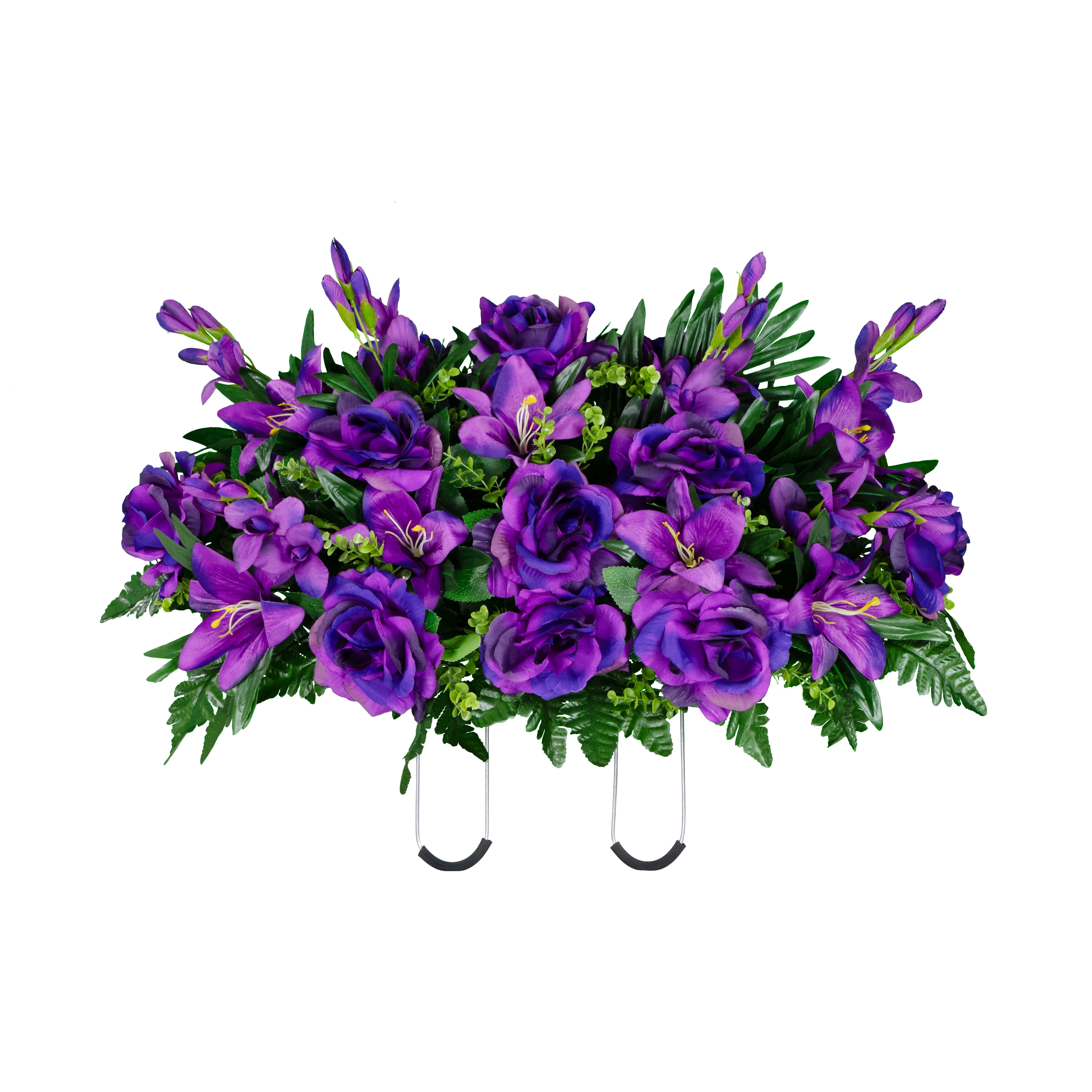 Sympathy Silks Artificial Cemetery Flowers Purple Gladiolus Rose and Lily Saddle for Headstone