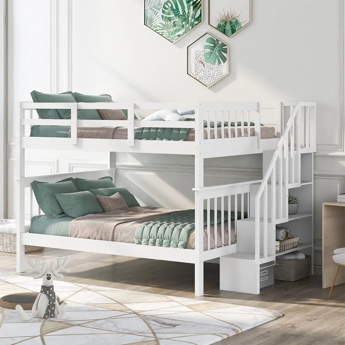 MERAX  Wood Full over Full Stairway Bunk Bed with Shelves Espresso