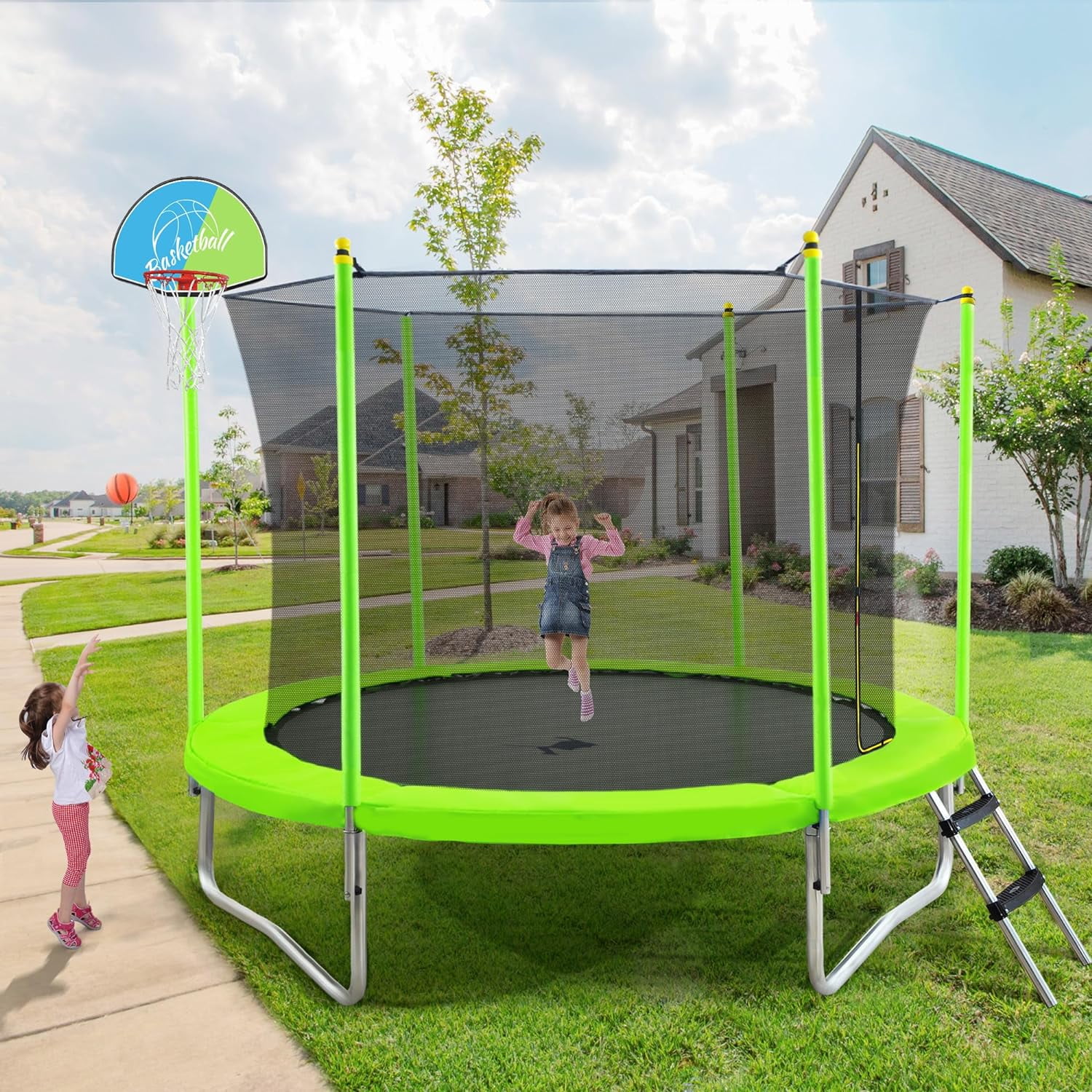8FT & 10FT Trampoline For Kids, Outdoor Kids Trampoline With Safety Enclosure, Basket Hoop And Ladder, Fast Assembly For Backyard Fun