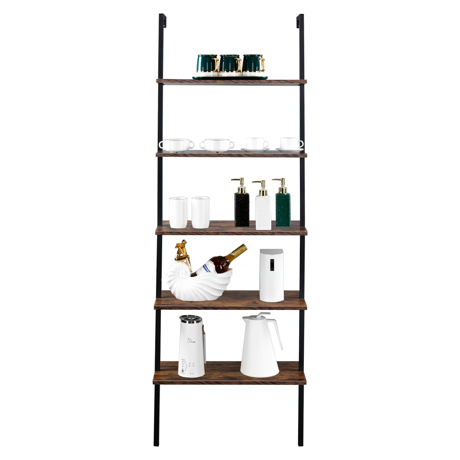 RUXAN Industrial Wall Mounted Bookcase 5-Tier Open Ladder Shelf Bookshelf with Metal Frame, 23.6