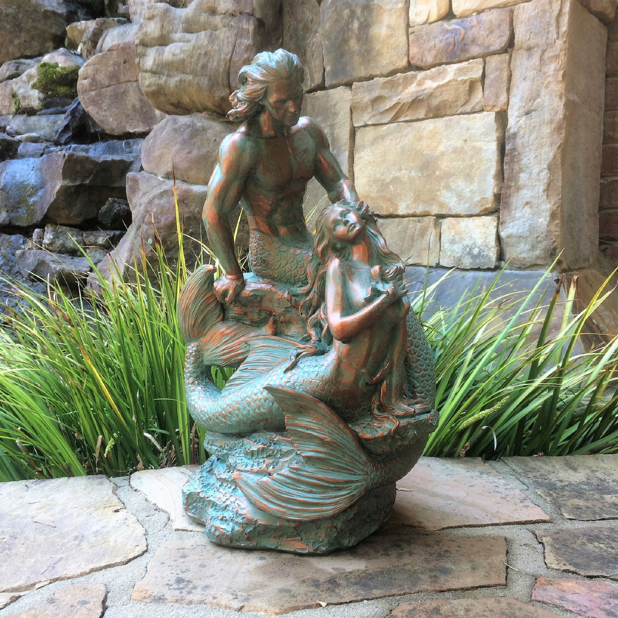 Homestyles 18 in. Sexy Merman & Mermaid on the Oceans Rock in Bronze Patina Finish Nautical Garden Beach Statue