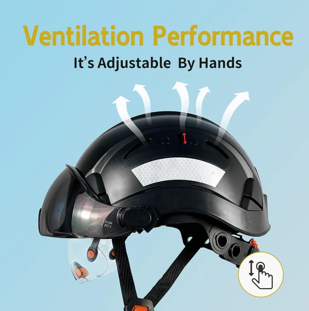 Industrial Safety Helmet with Build-in Visor ABS Hard Hat with Visor Adjustable Ventilation Hardhats Construction Head Protection(Black)