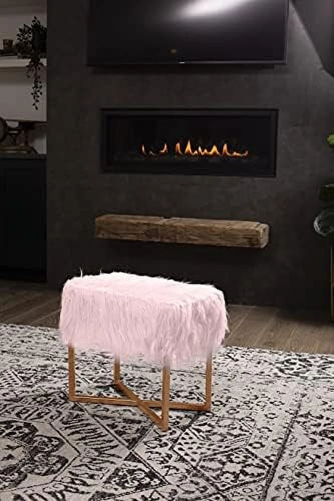 CGFHYP Rectangular White Faux Fur Foot Stool Ottoman with Gold Legs - Vanity Chair - Soft Compact Padded Seat - Bedroom and  Room Chair - Metal - Fluffy  Seat