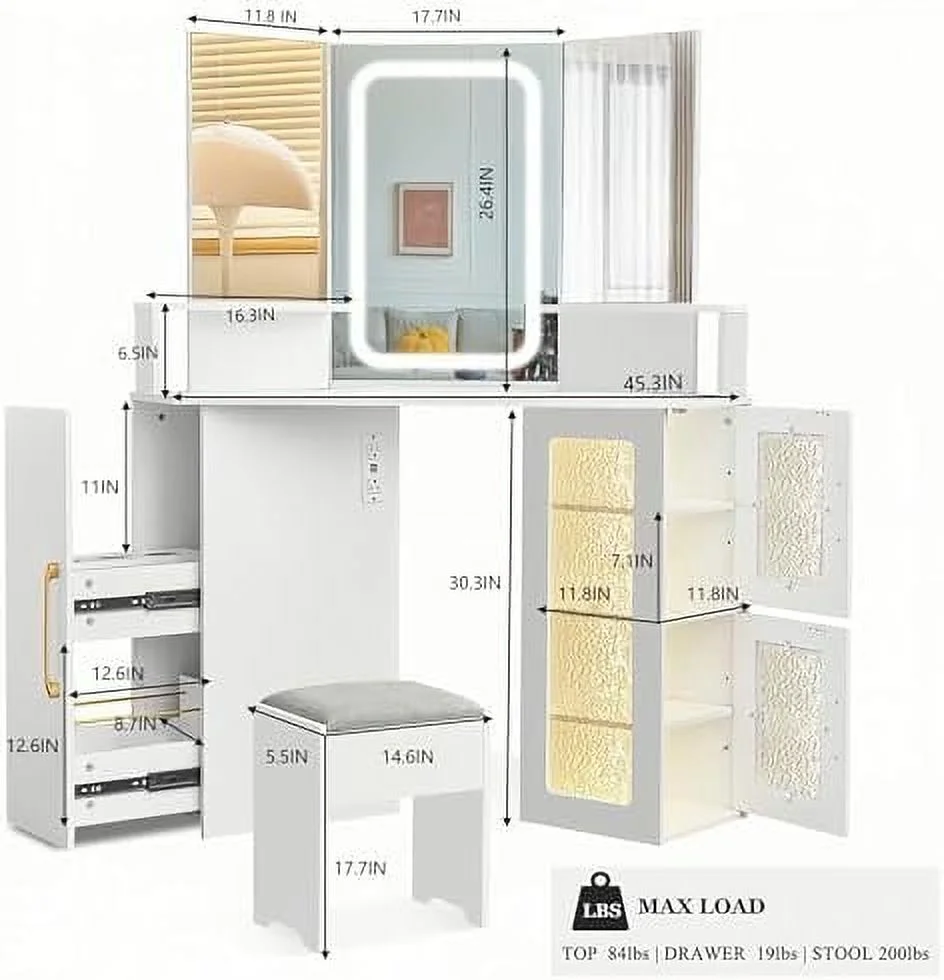 SQVGYU Vanity Desk with Mirror and Lights  Vanity Set with 3 Color and Brightness Adjustable  Vanity Table with Power Outlet & Cushioned Stool  Small Vanity for Girls Bedroom  Black