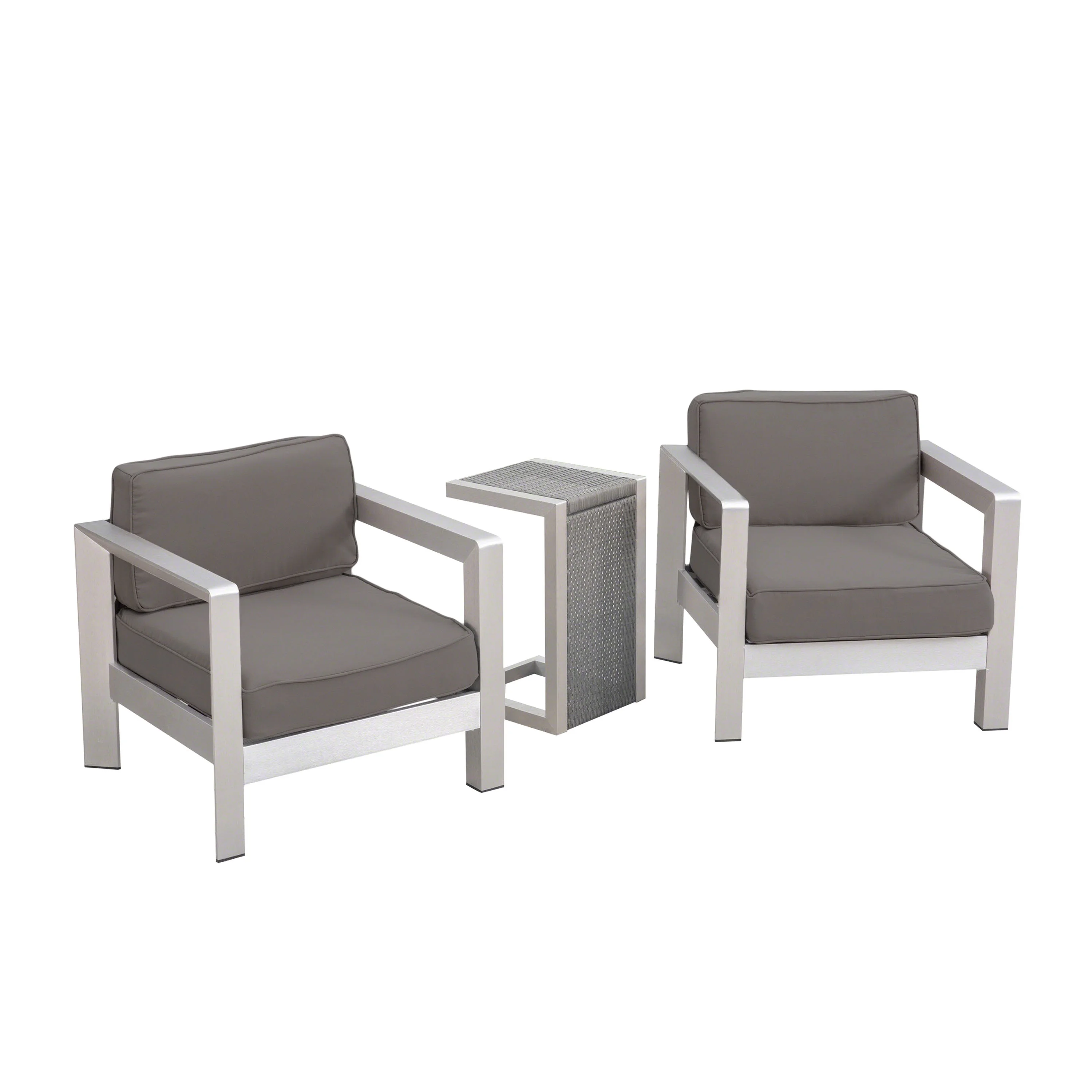 Darius Outdoor Aluminum Club Chairs with Wicker Topped Side Table, Sliver, Gray, Khaki