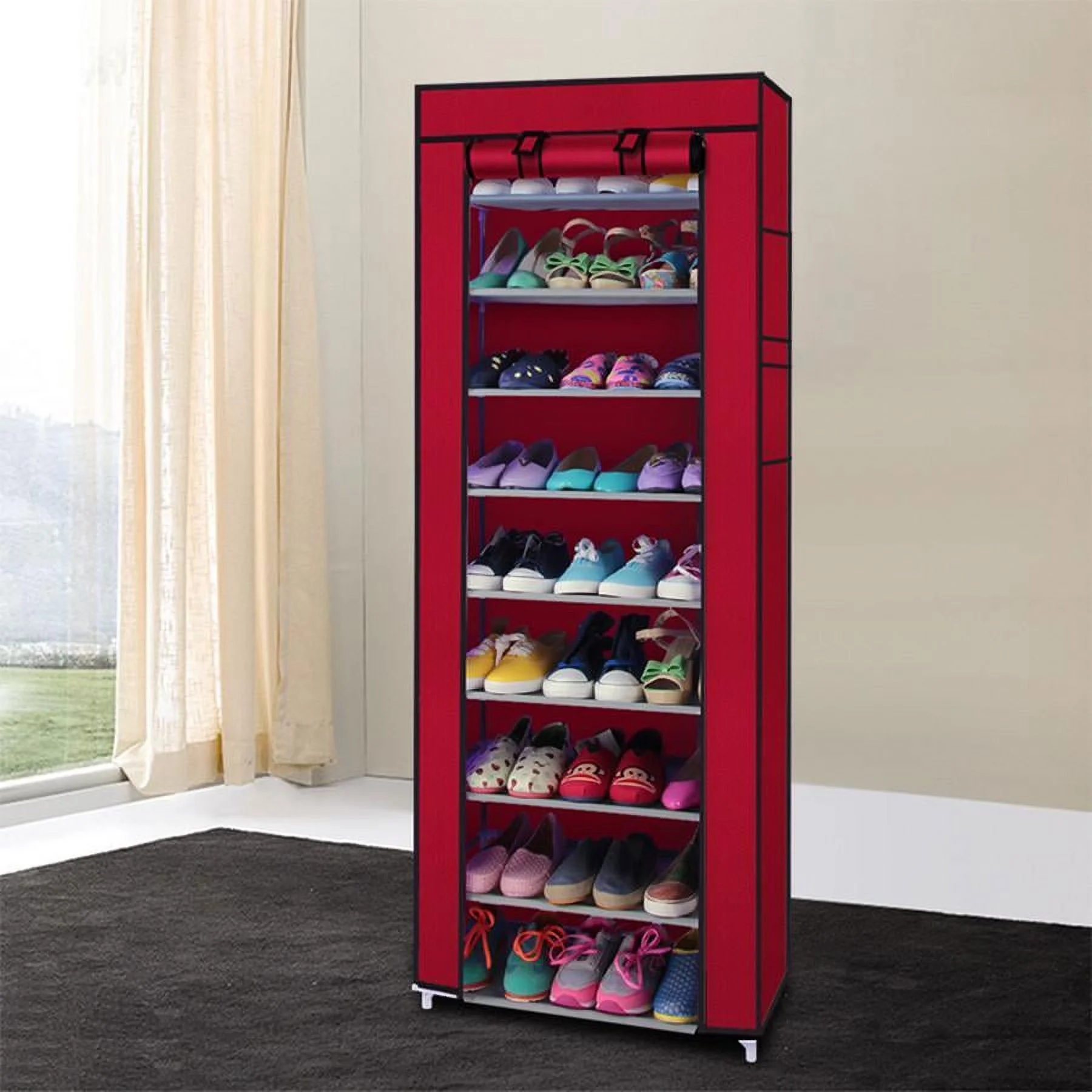 9-Tier Shoe Rack with Non-Woven Fabric Cover, Closet Storage Organizer Shoe Shelves 22.83 x 11.4 x 63 Inch for Entryway, Living Room, Bedroom, Rose Red（Wine Red）