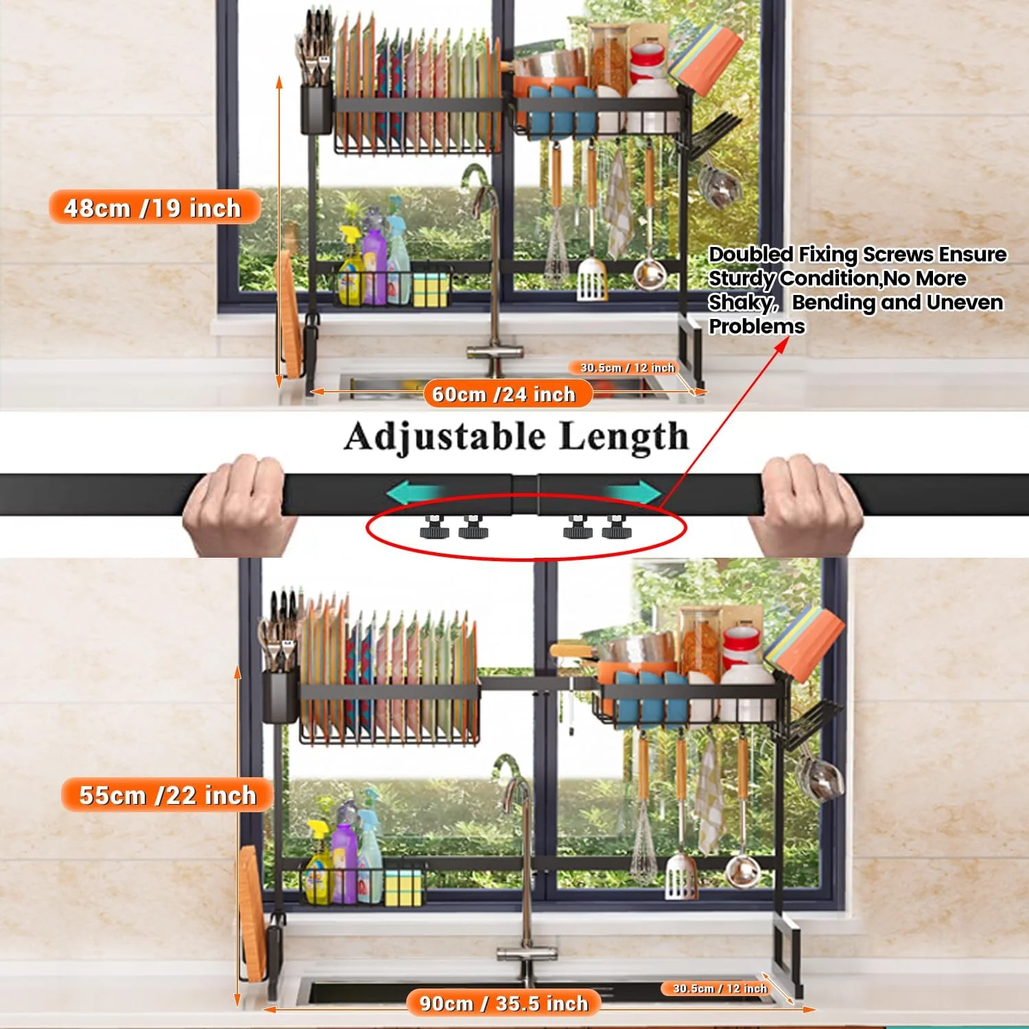 Over Sink Dish Drying Rack (Expandable Height/Length) Snap-On Design Large Dish Drainer Stainless Steel Storage Counter Organizer (24