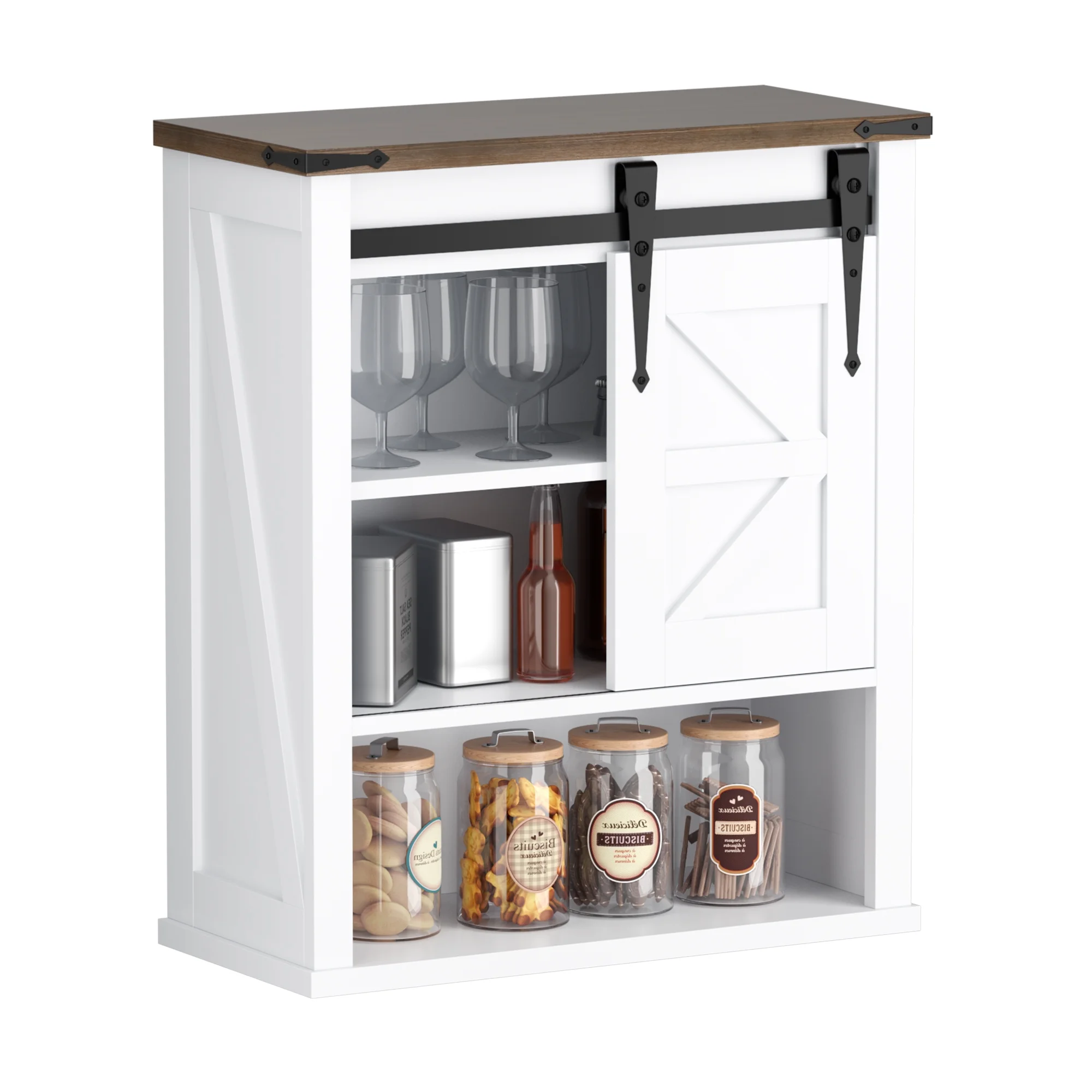 Tropow Bathroom Floor Cabinets, Farmhouse Lockers, With Barn Doors And Open Storage Racks, Small Lockers For Bathroom, Kitchen, Living Room, Rustic Oak With Antique White