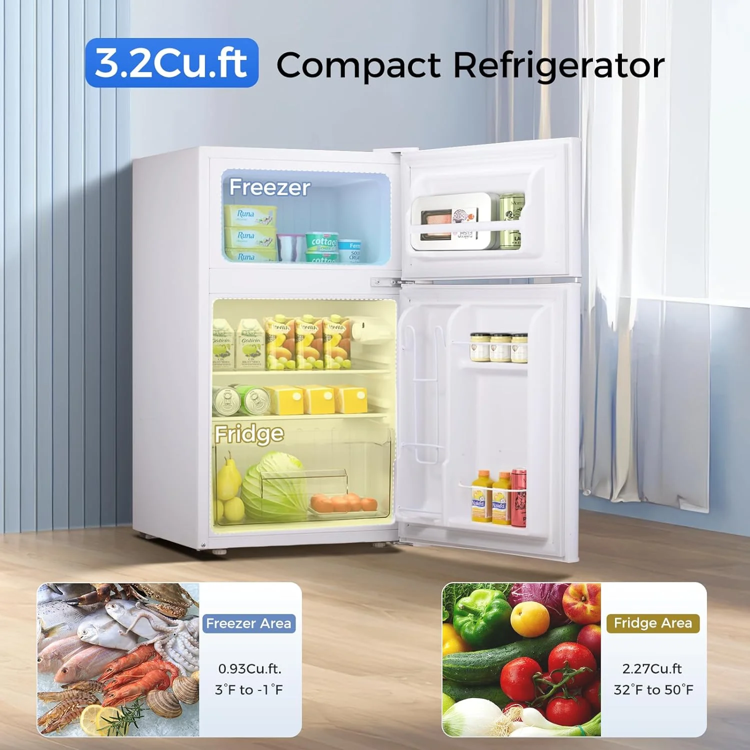 Mini Fridge With Freezer,3.2 Cu.Ft Compact Mini Refrigerator With Double 2 Door,Adjustable Temperature,Full Size For Home,Kitchen,Dorm,Apartment,Retro White