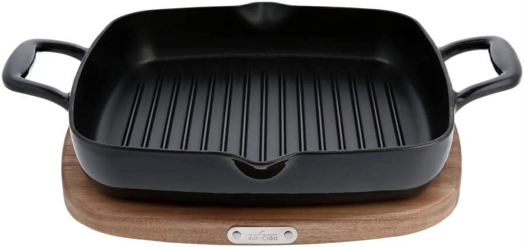 YILAN Cast Iron Enameled Square Grill with Acacia Trivet 11 Inch Induction Oven Broiler Safe 650F Pots and Pans, Cookware Black