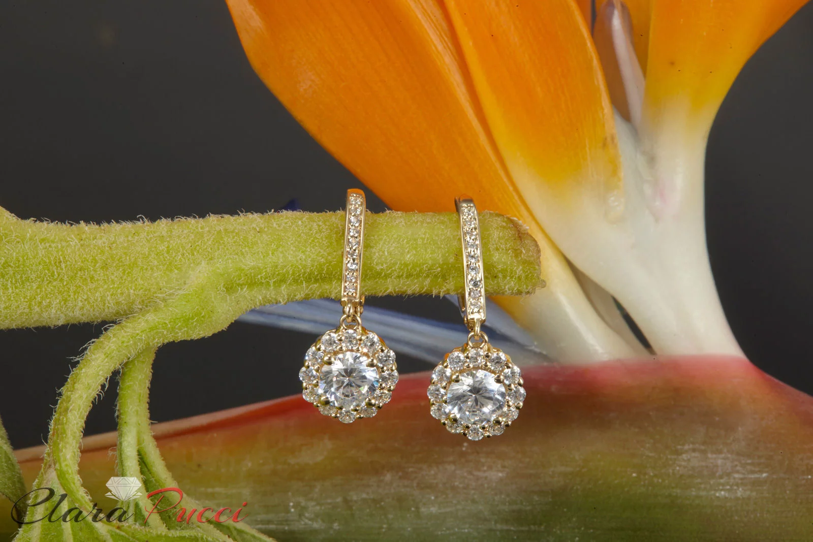 2.23Ct Brilliant Round Cut Halo Drop Dangle Genuine Clear Simulated Diamond Solid 14K Yellow Gold Earrings Lever Back