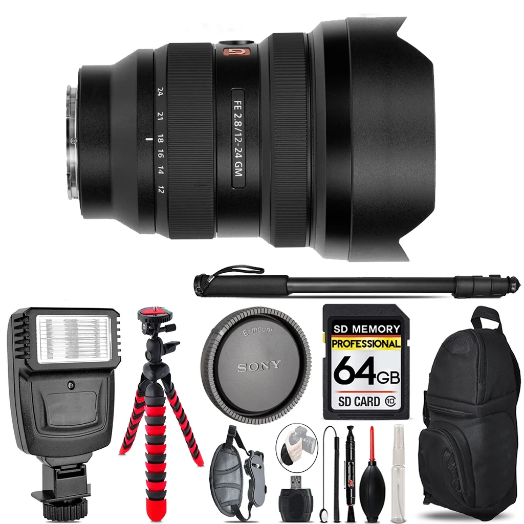 Sony FE 12-24mm f/2.8 GM Lens - Video Kit +  Flash - 64GB Accessory Bundle