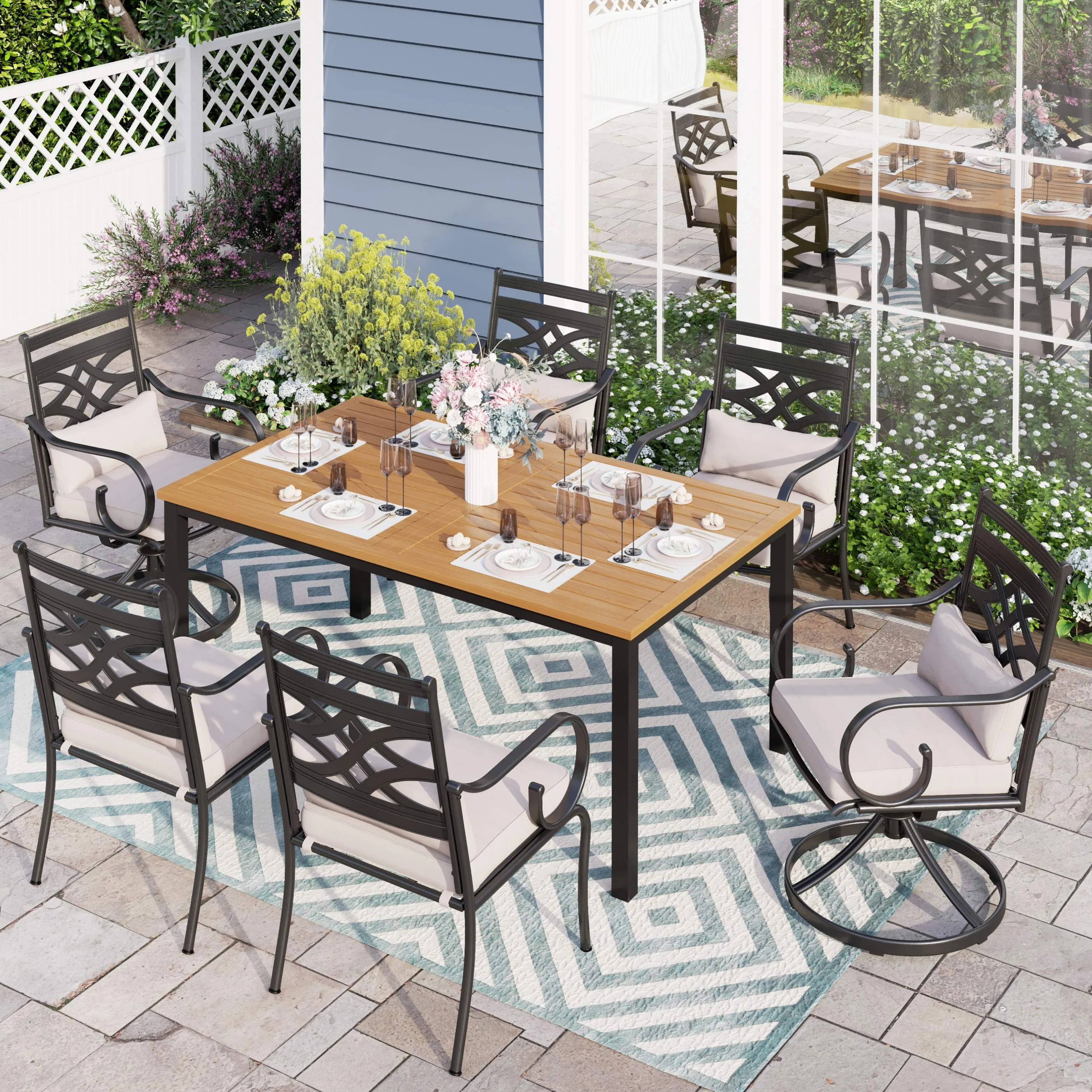 Sophia & William 7-Piece Outdoor Patio Dining Set Cushioned Metal Chairs and Teak-grain Table Set