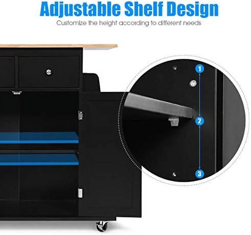 JDZHAPPYLIFE Kitchen Island Cart  Rolling Wood Trolley with  Cabinet  Towel Handle  2 Drawers  Side Spice Rack and Wine Bottle Rack  Kitchen Cart on Wheels  Rubber Wood Countertop (Black)