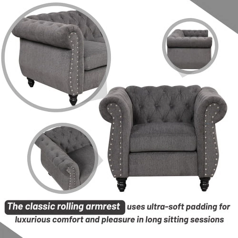 JHOOTUUO 39” modern sofa Dutch plush upholstered sofa  solid wood legs  buttoned tufted backrest  gray