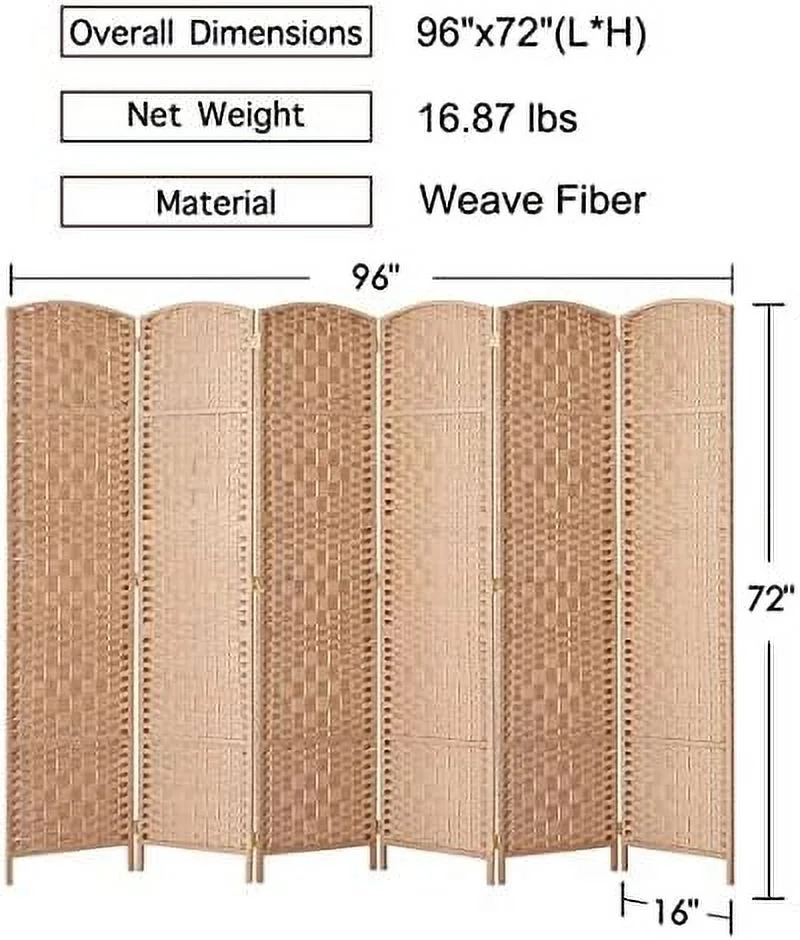 ZWNLKQG RHF 6 ft. Tall 16" Wide- Weave Fiber Room Divider Double Hinged 6 Panel Room Divider/Screen  Room Dividers and Folding Privacy Screens 6 Panel  Freestanding Room Dividers-Ligh
