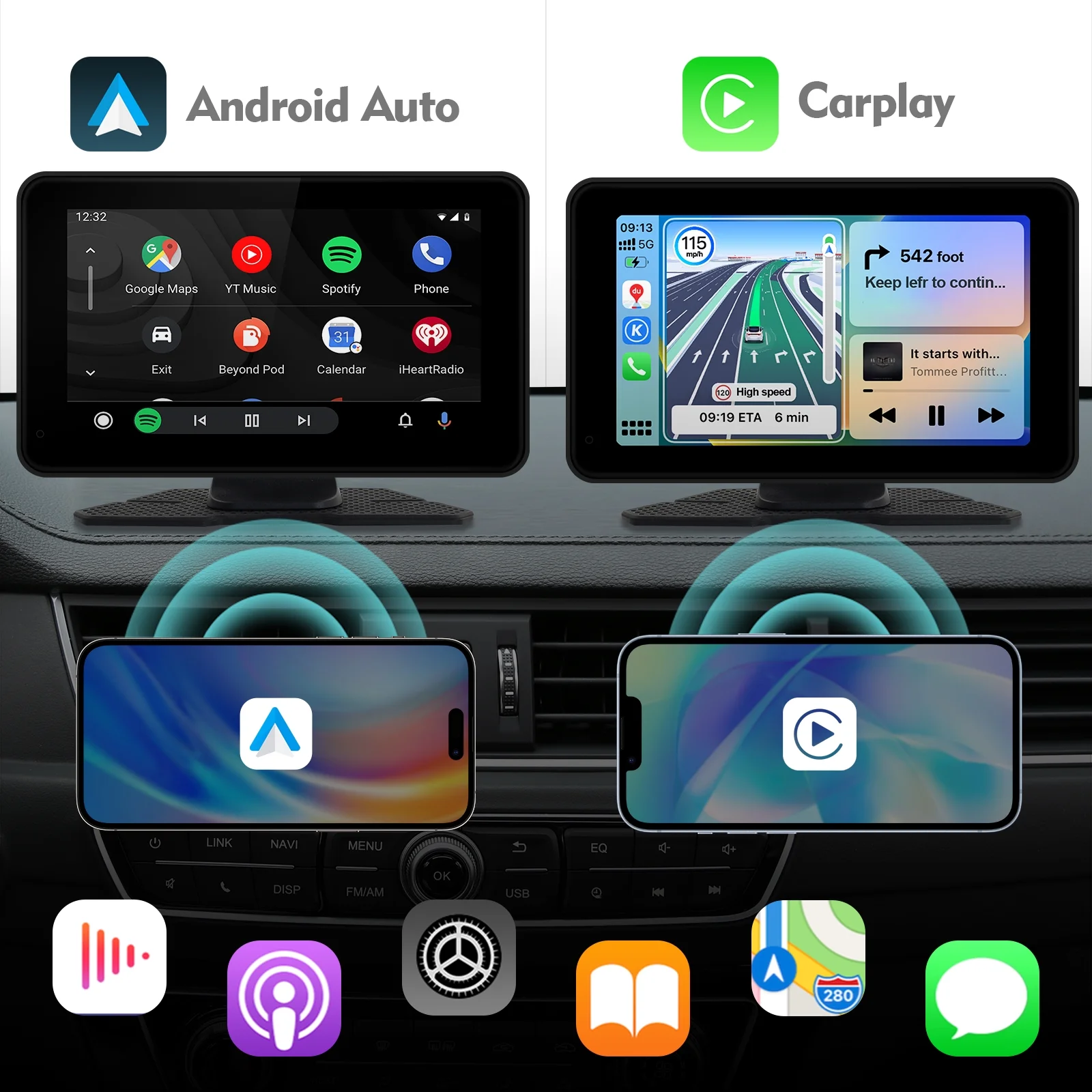 Portable Car Stereo Wireless Carplay & Android Auto, 7-inch Full HD Touch Screen Portable Car Radio