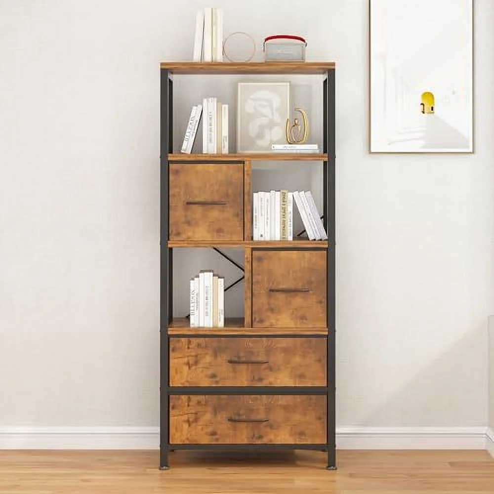 TQJKLFDY Bookshelf with   4-Tier Office Shelves with 3 Fabric  Drawers  Wood and Metal Bookshelf with Drawers  Bookcase with Drawers  Room  Office  Small Spaces