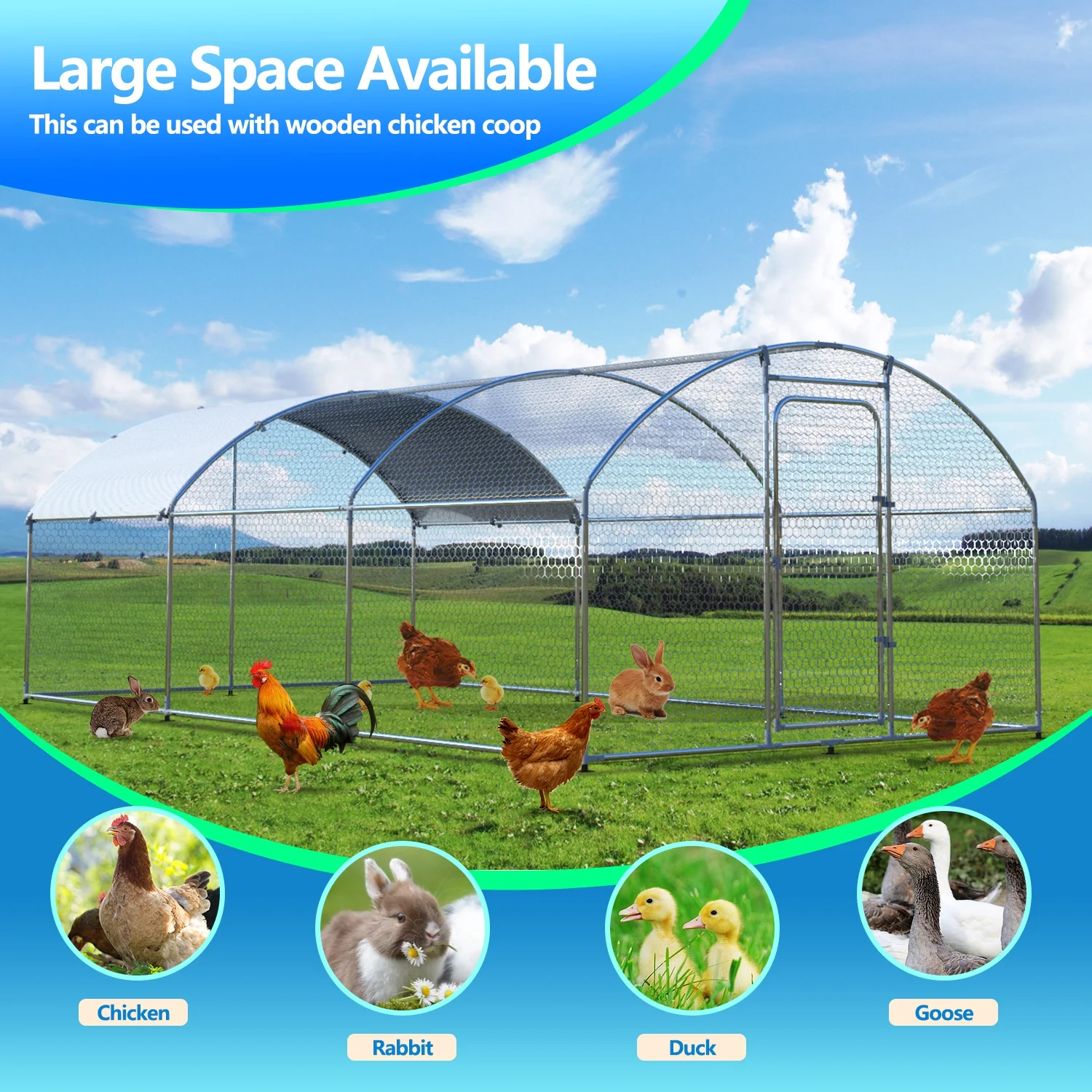 JHOOTUUO Metal Large  Coop Walk-in Poultry Cage Large  Run Arc Shaped Cage with Waterproof Anti-UltravioletCover  1.” Diameter Tube (19.6‘ L x 9.8‘ W x 6.5‘ H)