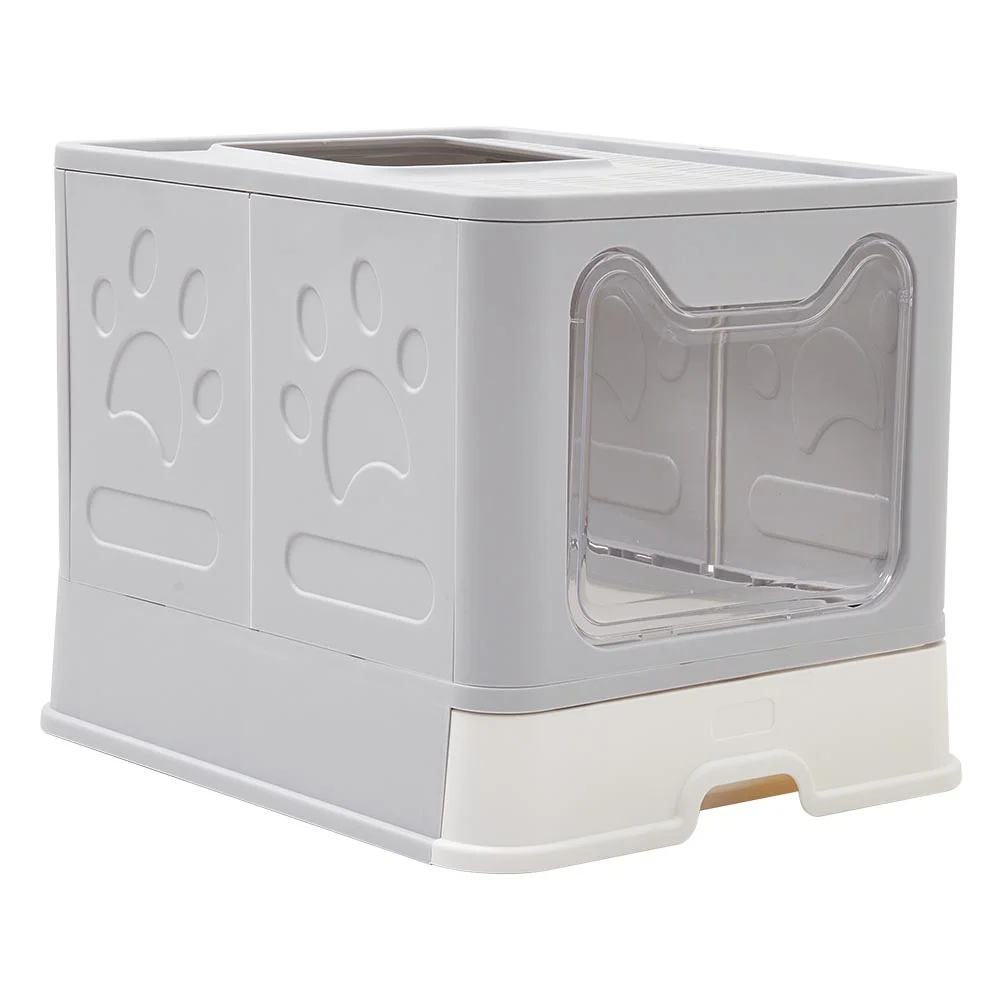 Nanyi Cat Litter Box with Lid Cover, Plastic Scoop, Front Entry Top Exit, Large Foldable Enclosed Cat Litter Tray, Easy Clean and Install (Gray)