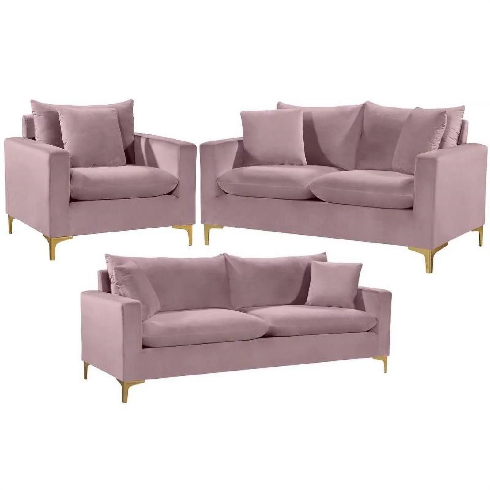 Home Square 3-Piece Set with Velvet Accent Chair Sofa and Loveseat in Pink