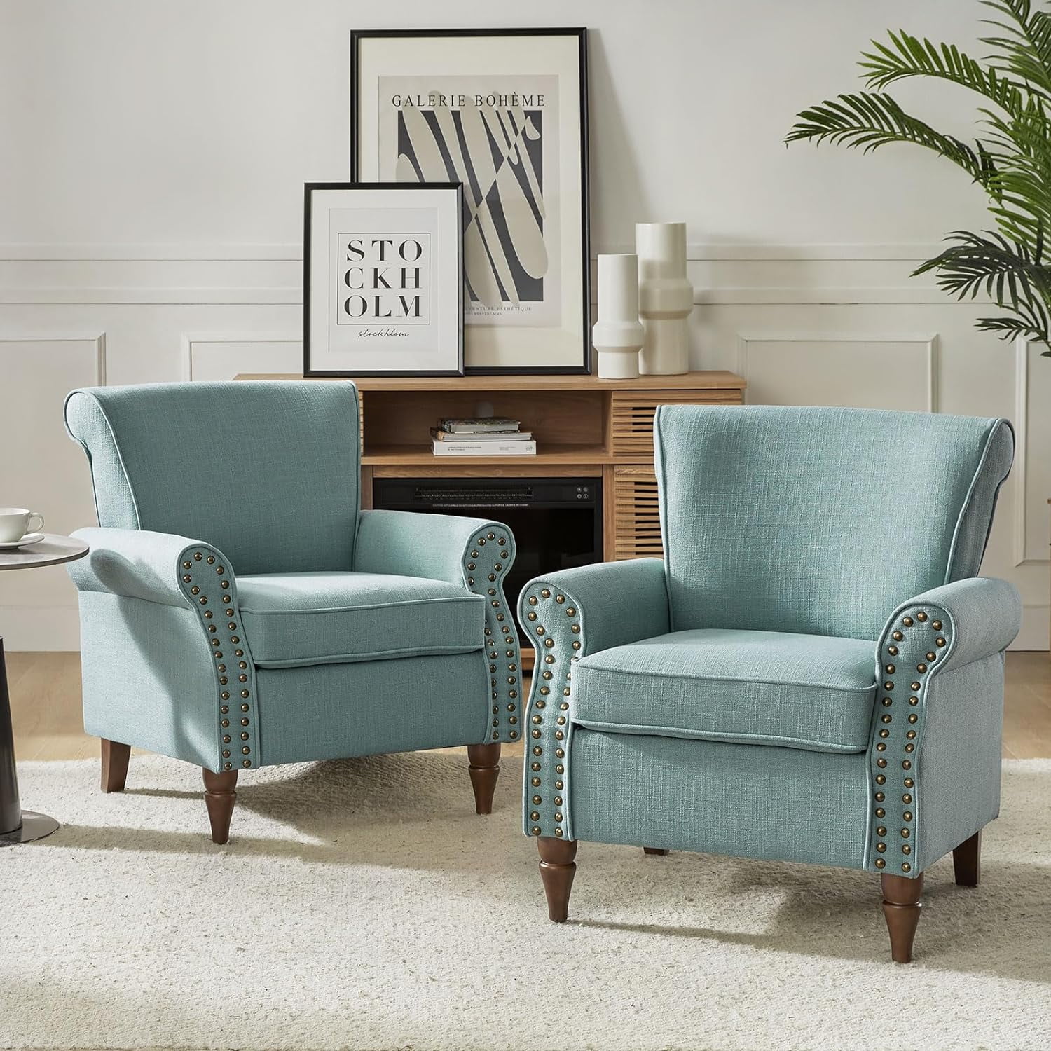 Modern Wingback Living Room Chair Upholstered Fabric Accent Armchair Set Of 2 With Nailhead Trim And Wood Legs For Bedroom Office Reading Spaces Removable Cushion Lounge Chair, Blue