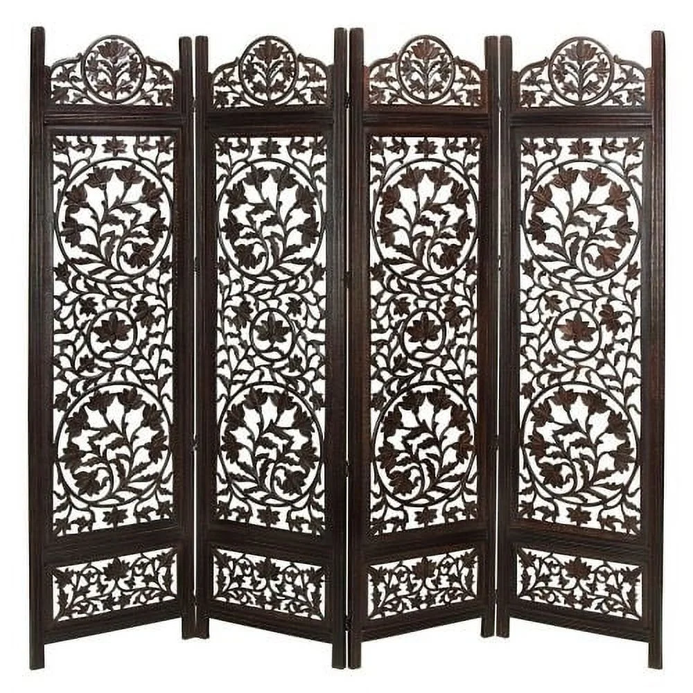 Handcrafted Wooden 4 Panel Room Divider Screen Featuring Lotus Pattern Reversible - Saltoro Sherpi