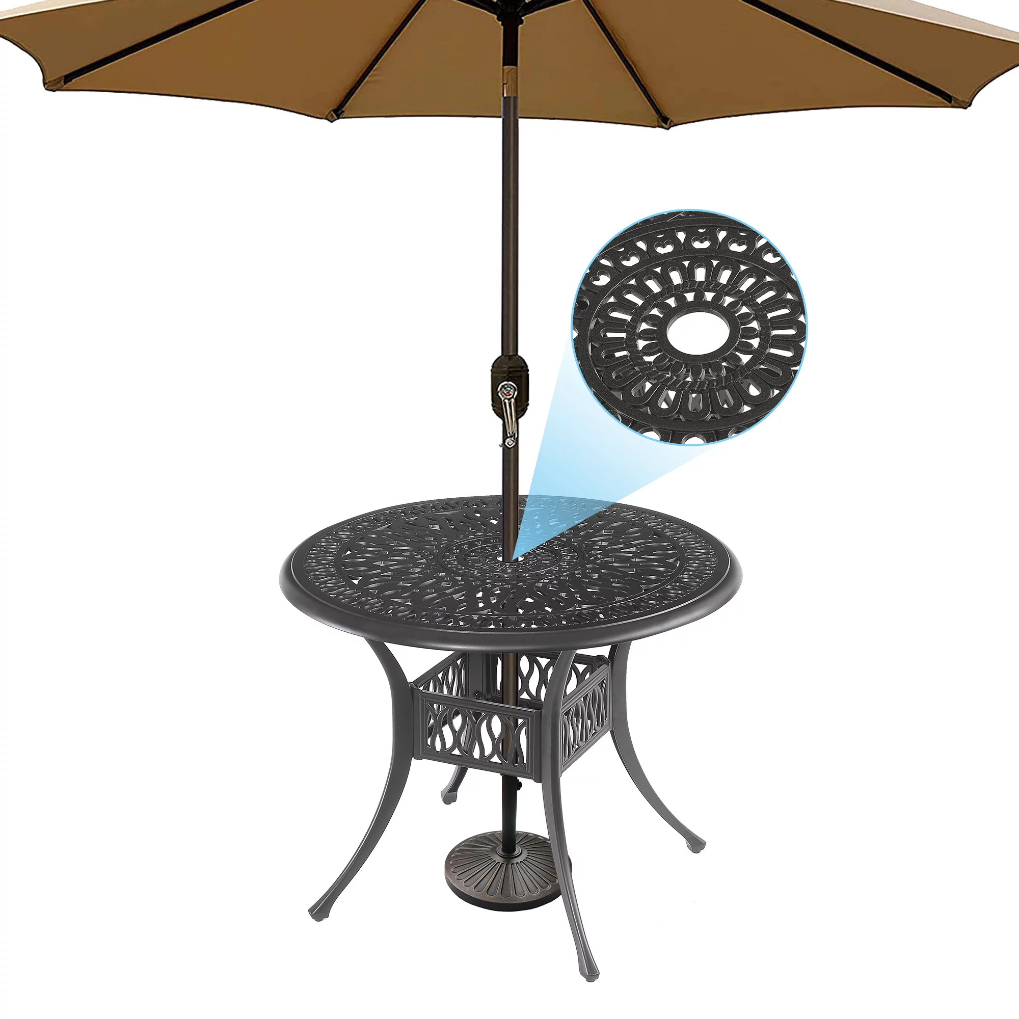 Royard Oaktree 5 Pieces Outdoor Patio Dining Set, All-Weather Cast Aluminum Conversation Set for 4, Hollow-out Design Round Table with Umbrella Hole and 4 Chairs for Yard Garden Deck
