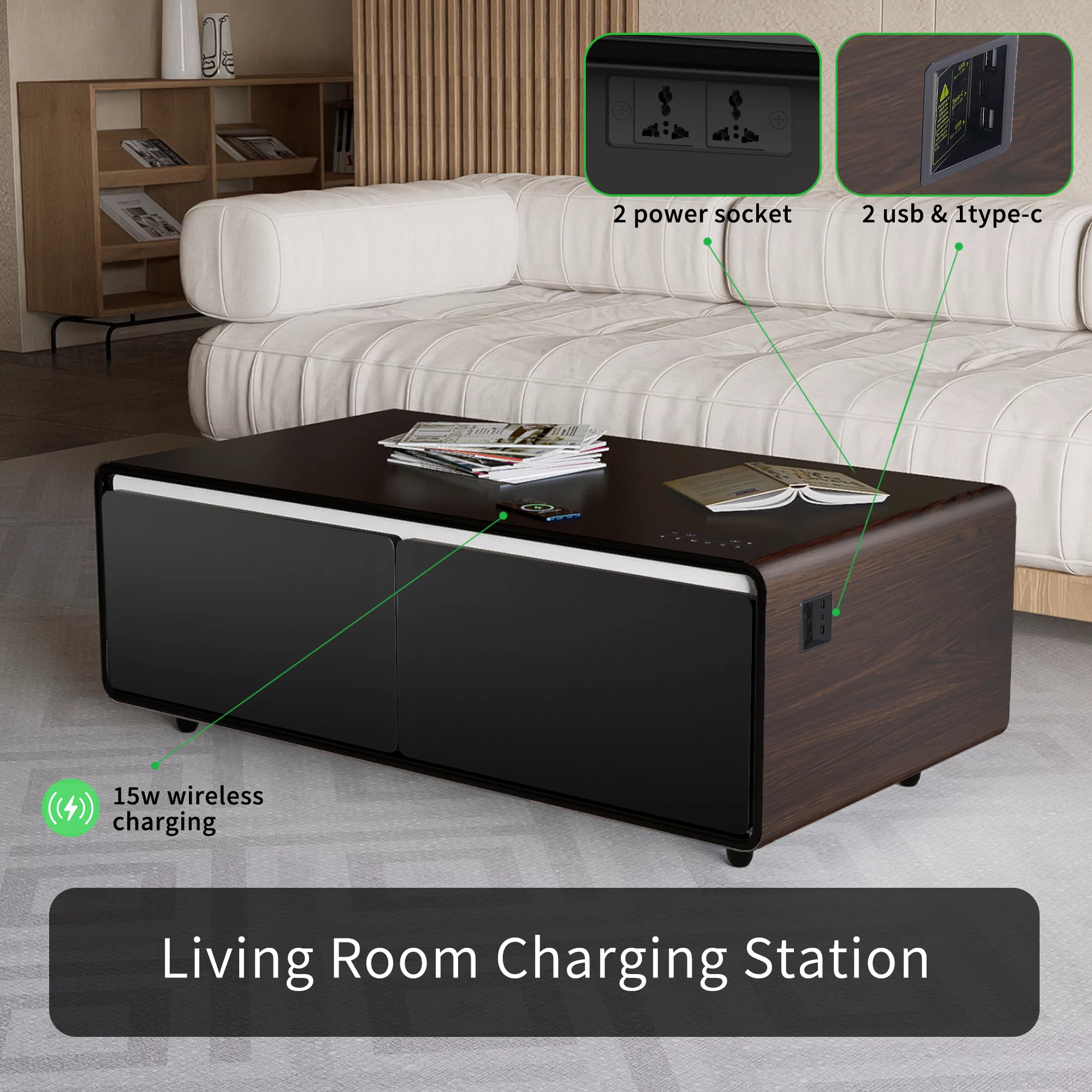 Modern Smart Coffee Table with Built-in Fridge, Bluetooth Speaker, Wireless Charging Module, Touch Control Panel, Power Socket, USB Interface, Outlet Protection, Atmosphere light, Brown