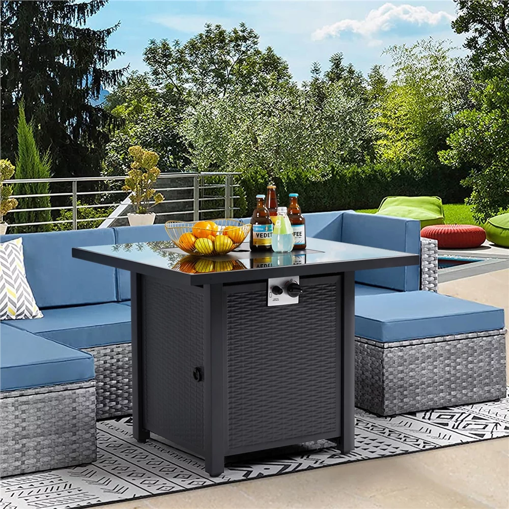 Topeakmart 30in Metal Fire Pit Table 50,000 BTU with Tempered Glass Tabletop, Glass Fire Stones & Water-resistant Cover, Propane