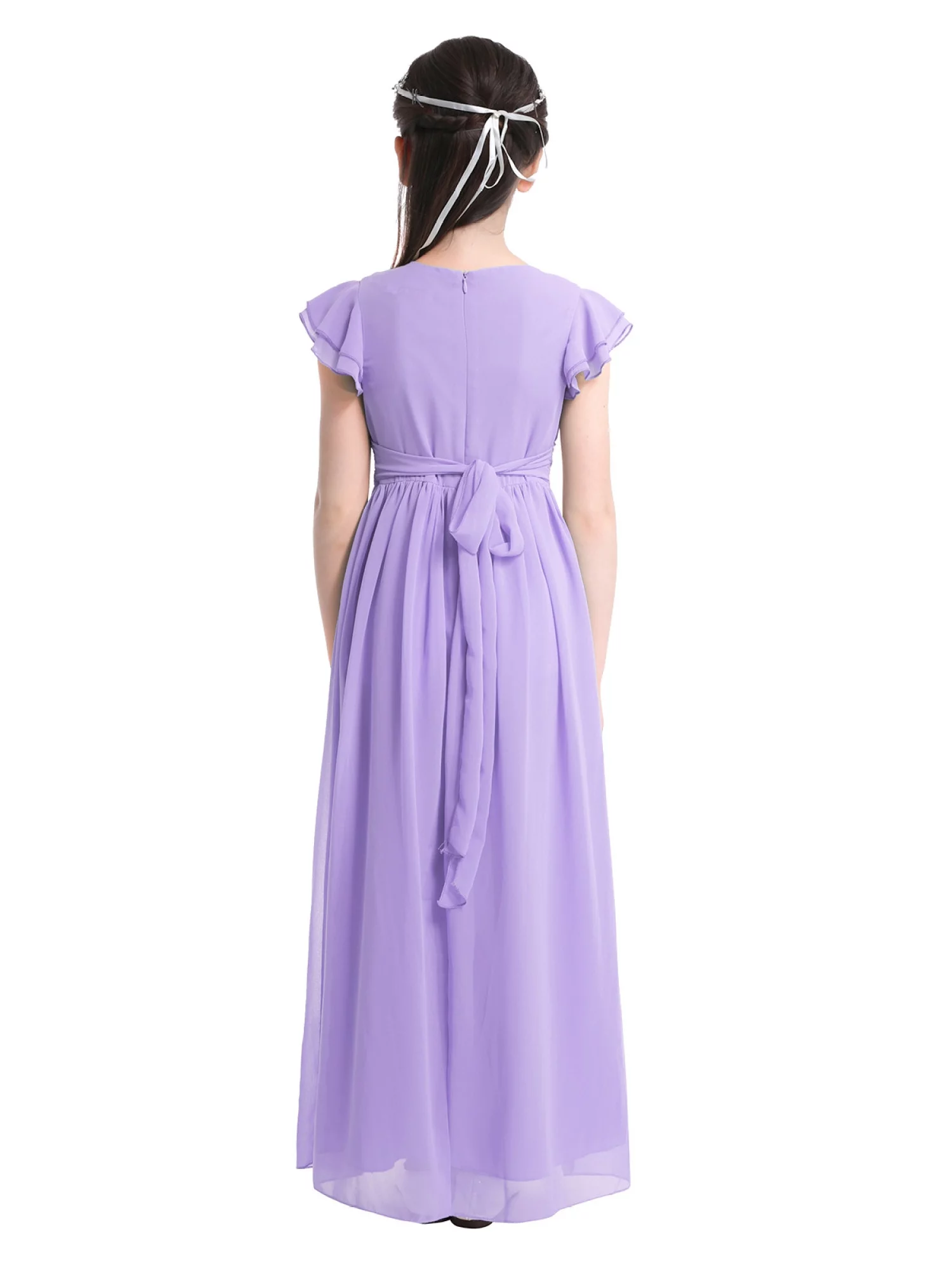 YONGHS Kids Flower Girls Flutter Sleeve Chiffon Maxi Dress Wedding Party Bridesmaid Prom Gown