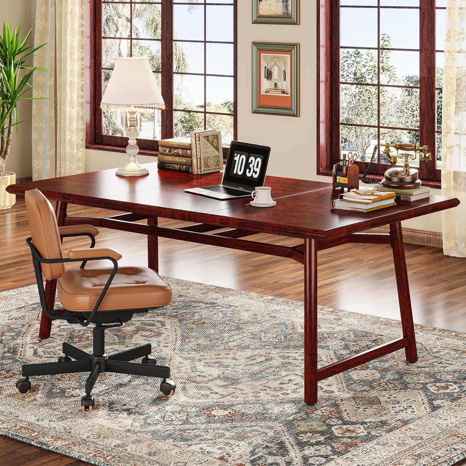 Tribesigns 63-Inch Large Executive Computer Desk, Classic Cherry Red, Easy Assembly
