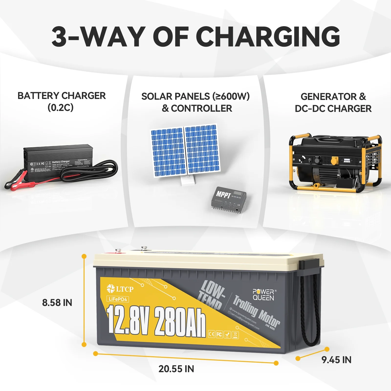 Power Queen 12V 280Ah Low-Temp Protection LiFePO4 Lithium Battery with 200A BMS For Solar RV Marine Off-grid