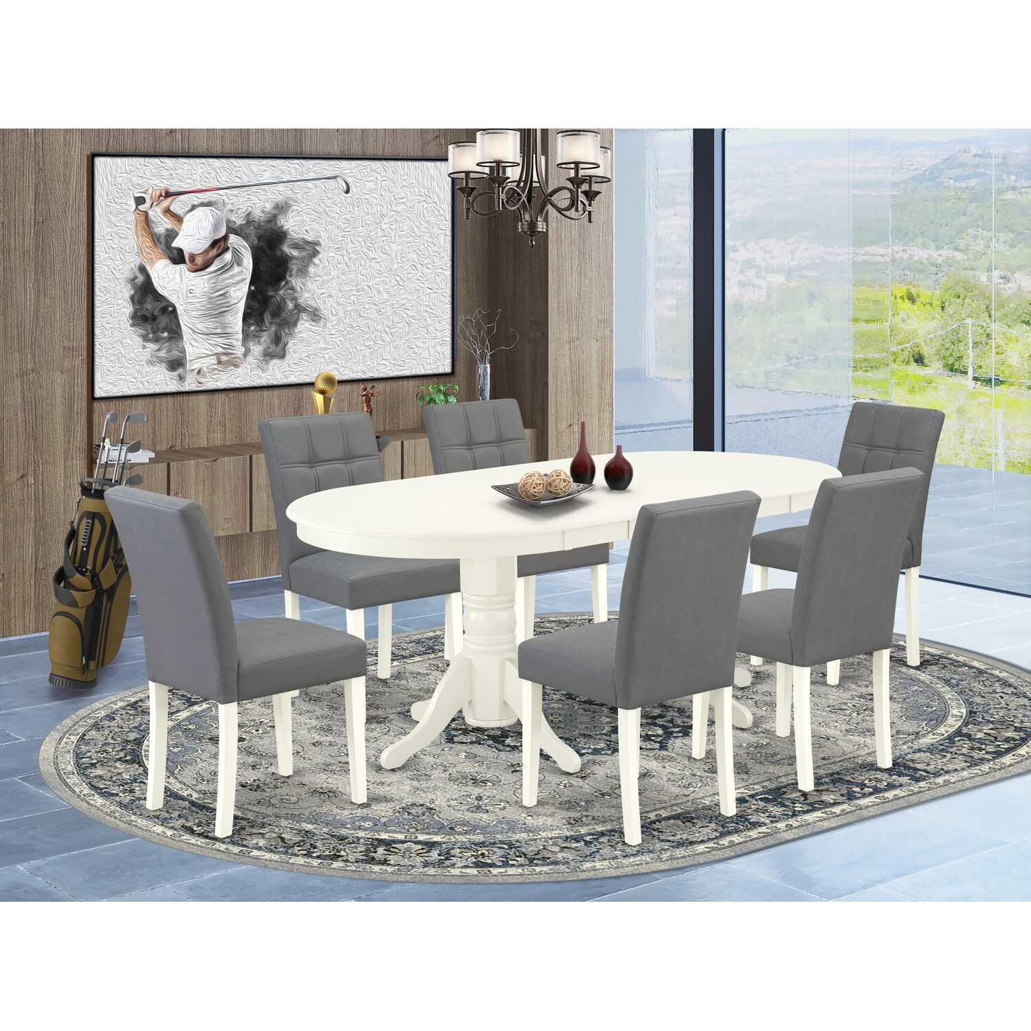 HomeStock 7 Piece Kitchen Table Set Includes An Oval Dining Table With Baroque Bliss Leaf And 6 Chairs, Linen White