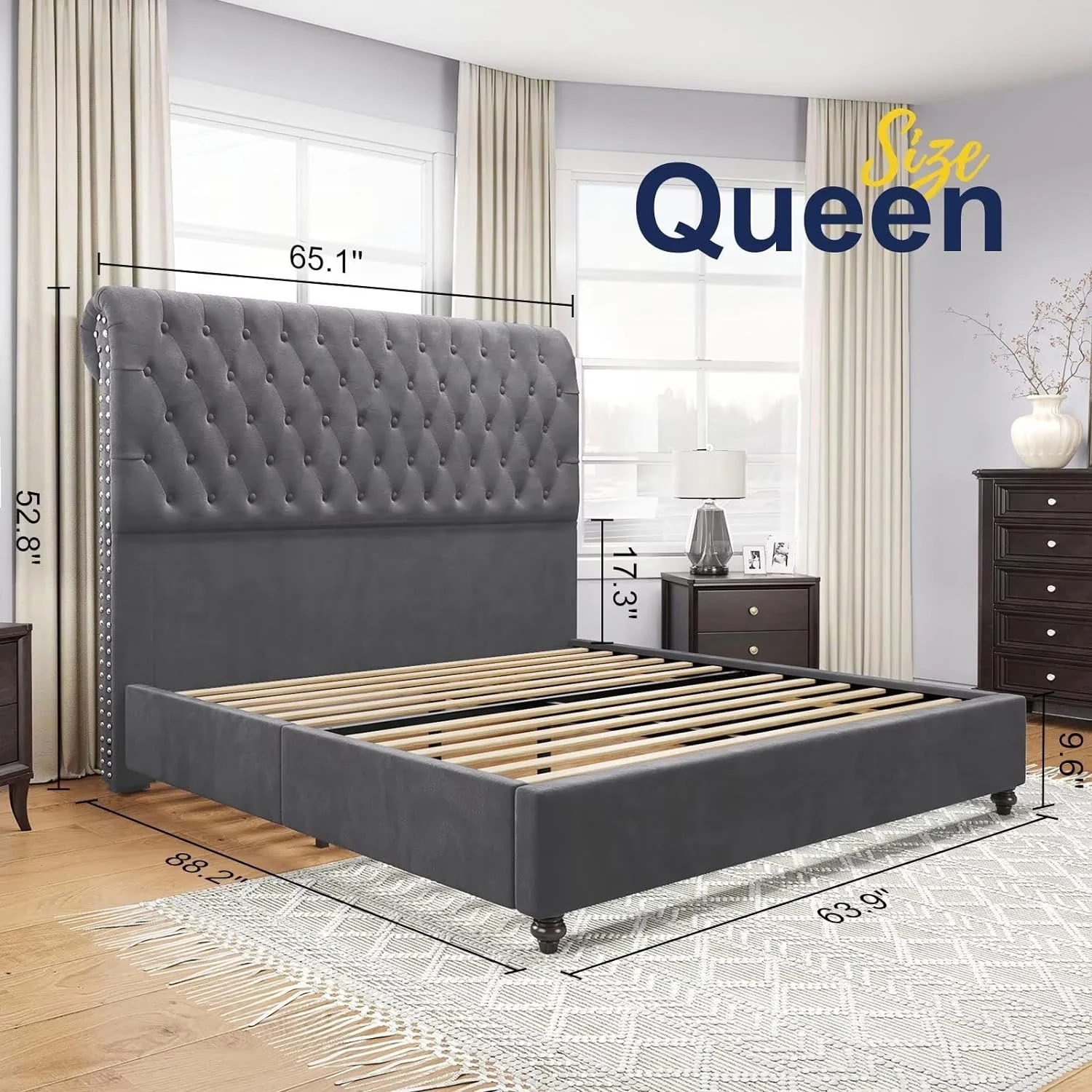 Jocisland Queen Bed Frame Sleigh Headboard Velvet Tufted Gray