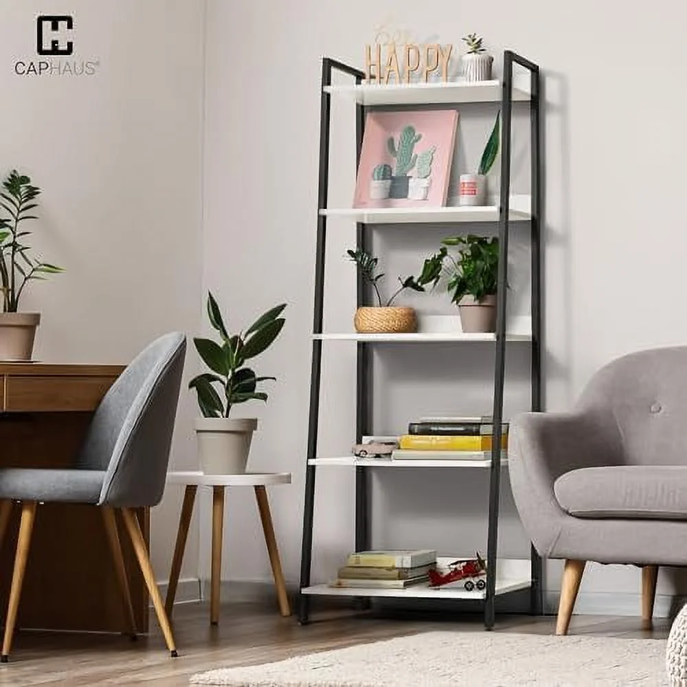 JYHOME 5 Tier Ladder Bookshelf  24 Inch Width Free Standing   Bookcase   Rack Organizer  Industrial Book Shelves for Home Office  Living Room  Kitchen  White  Vintage Shelves