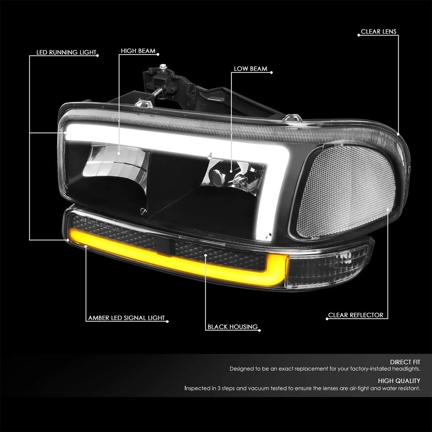 DNA Motoring 4-HL-SIER99-T2-BK-CL Black Clear L-LED DRL Headlight Bumper Lamps for 1999-2007 GMC Sierra Yukon