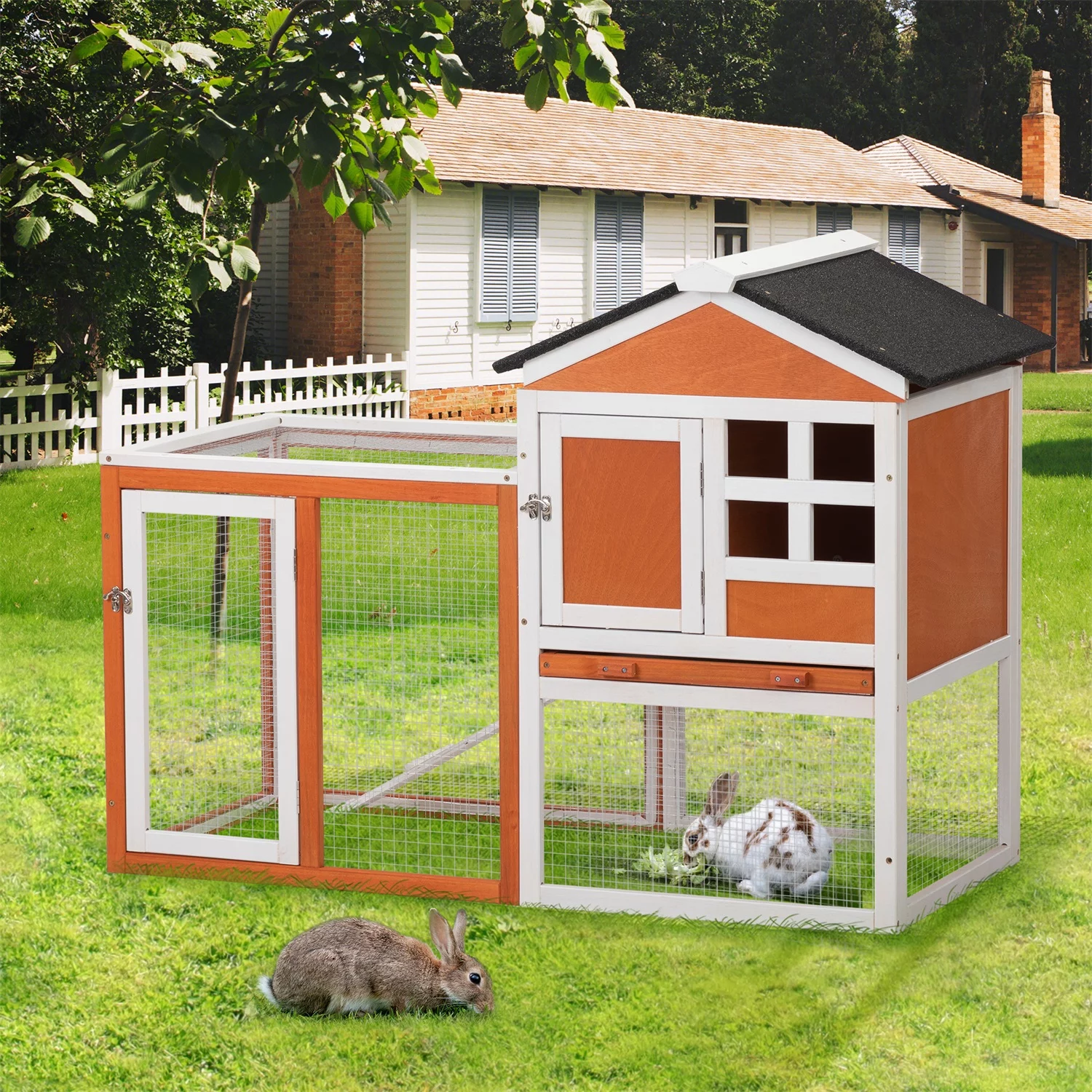 Pefilos 2-Story Indoor Rabbit Hutch, Waterproof Outdoor Garden Bunny Poultry Cage Hen House for Pet Animal, Wooden Large Chicken Coop w/ Nesting Box, Orange