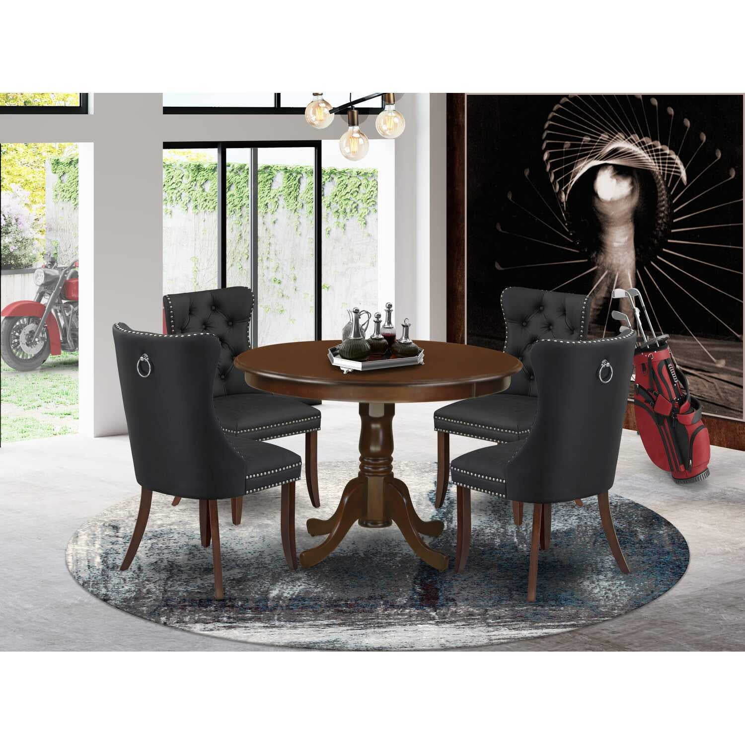 HomeStock Hollywood Regency 5 Piece Kitchen Table Set Contains A Round Dining Table With Pedestal And 4 Upholstered Chairs, Mahogany