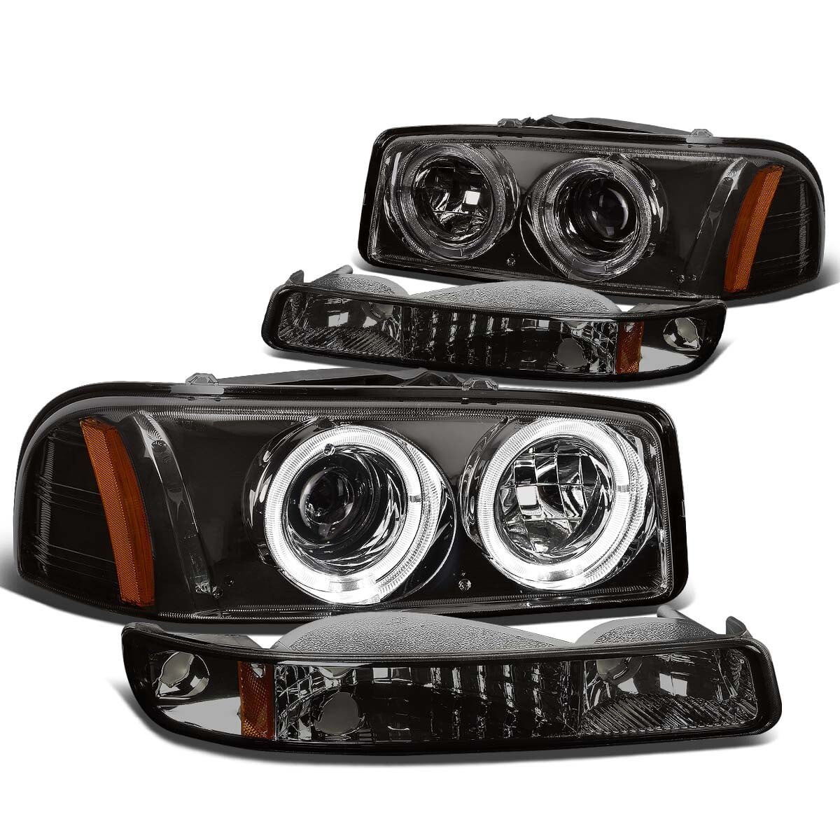 DNA Motoring HL-HPL-SIE994P-SM-AM For 1999 to 2007 GMC Sierra Yukon GMT800 Dual Halo Ring Projector Headlight+Bumper Lamp Smoked Housing Amber Corner 00 01 02 03 04 05 06 4pc
