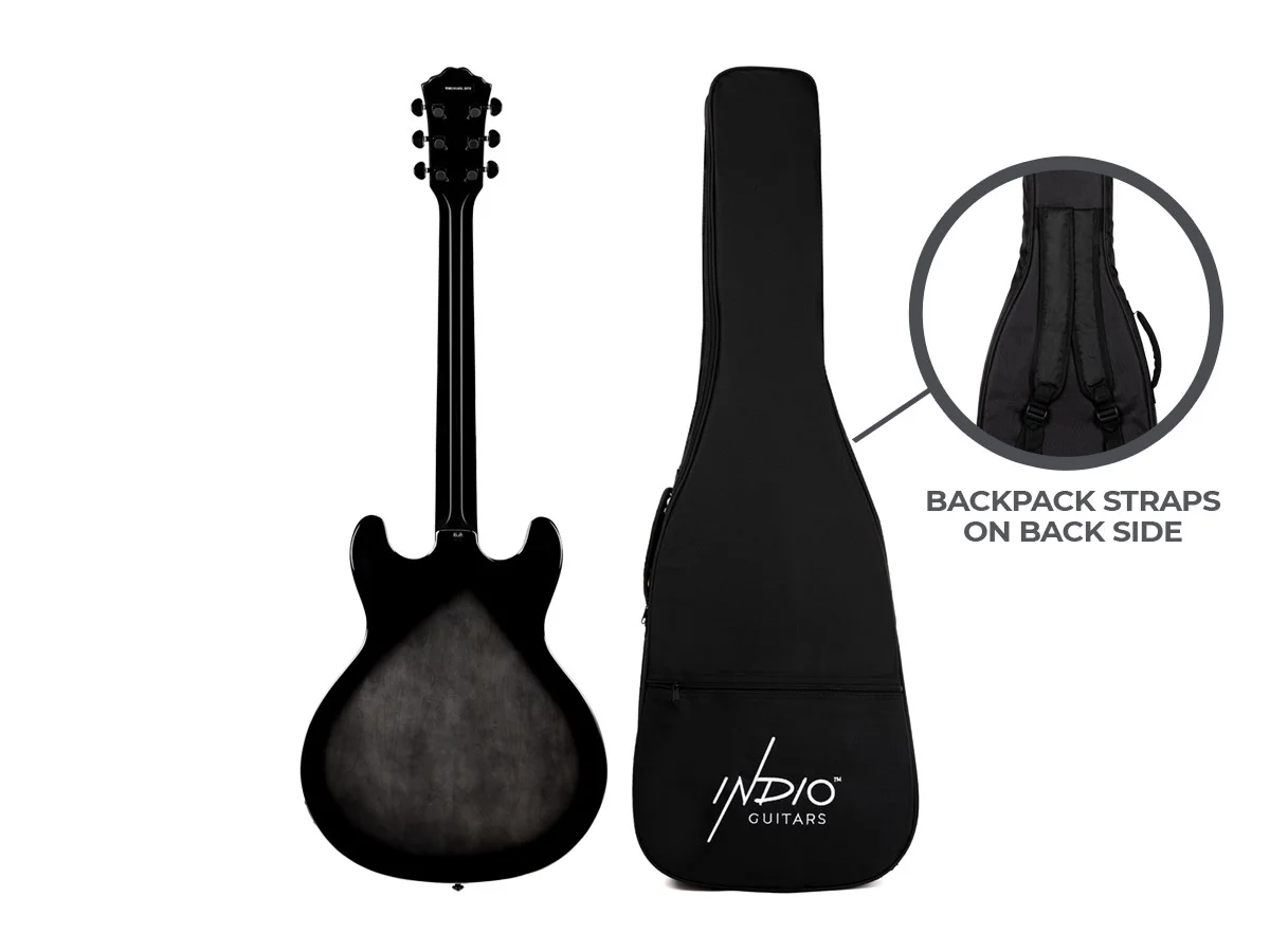 Monoprice Indio Boardwalk Flamed Maple Hollow Body Electric Guitar - Charcoal, With Gig Bag