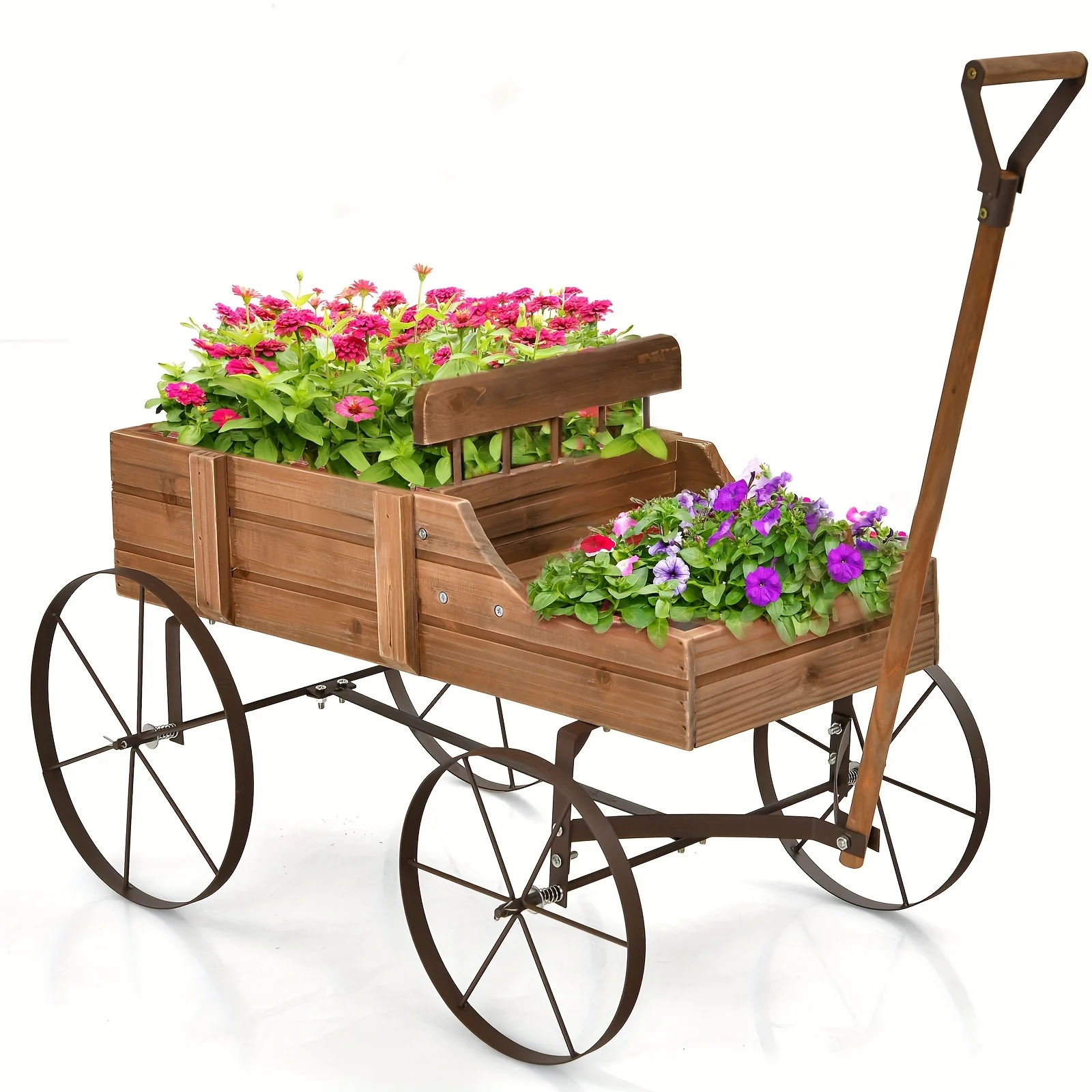 COSTWAY Wooden Garden Flower Planter Wagon Plant Bed W/ Wheel Garden Yard Brown