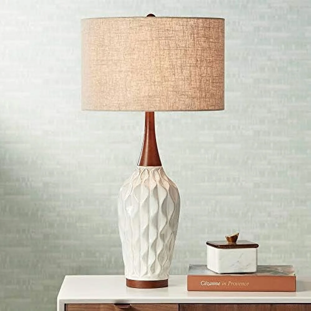 FDSHOIYN Lighting Rocco Mid Century Modern Table Lamp 30" Tall White Wave Geometric Ceramic Oak Wooden Neck Tan Fabric Drum Shade for Living Room Bedroom House Bedside Nightstand Home