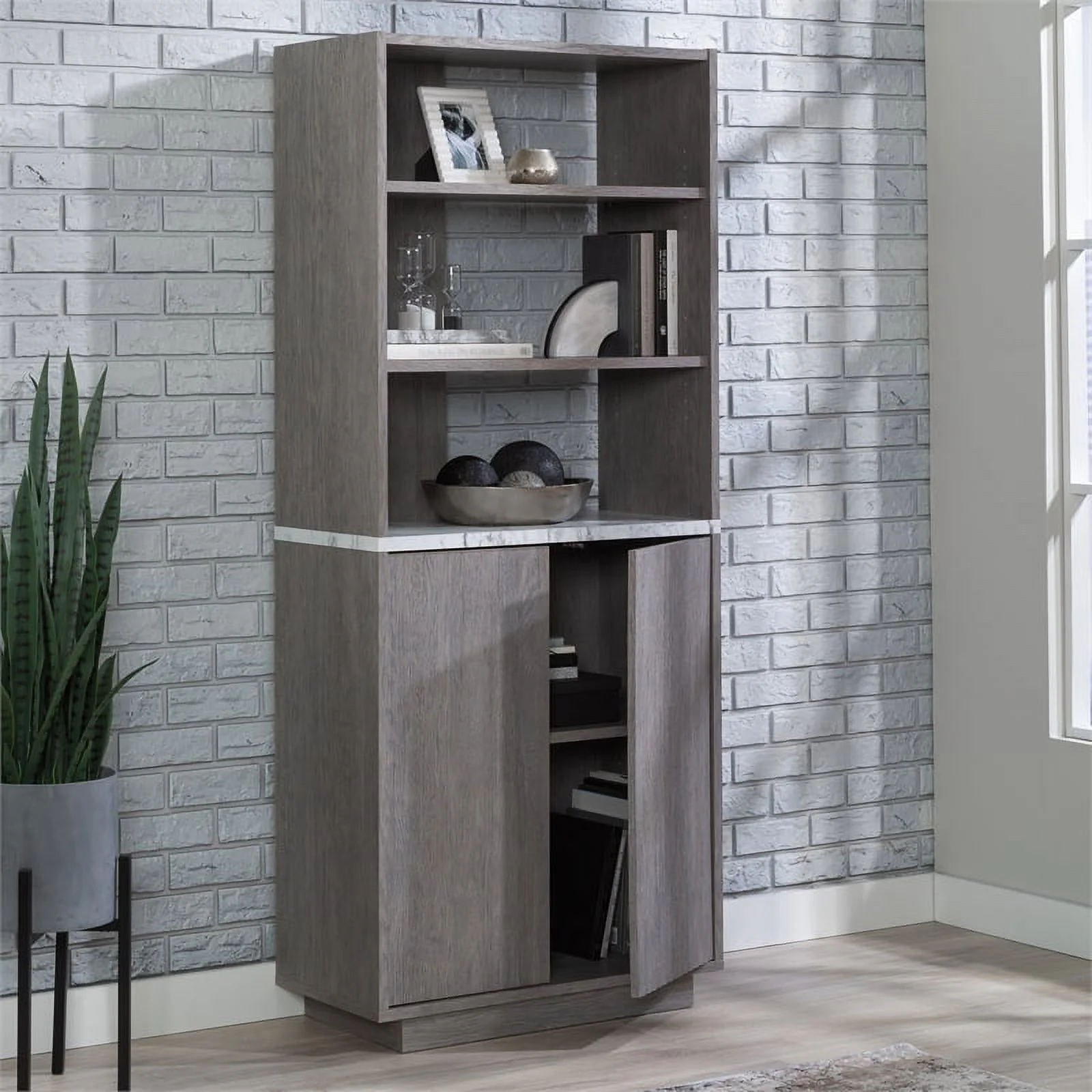 Pemberly Row Modern Engineered Wood Library in Ashen Oak Finish