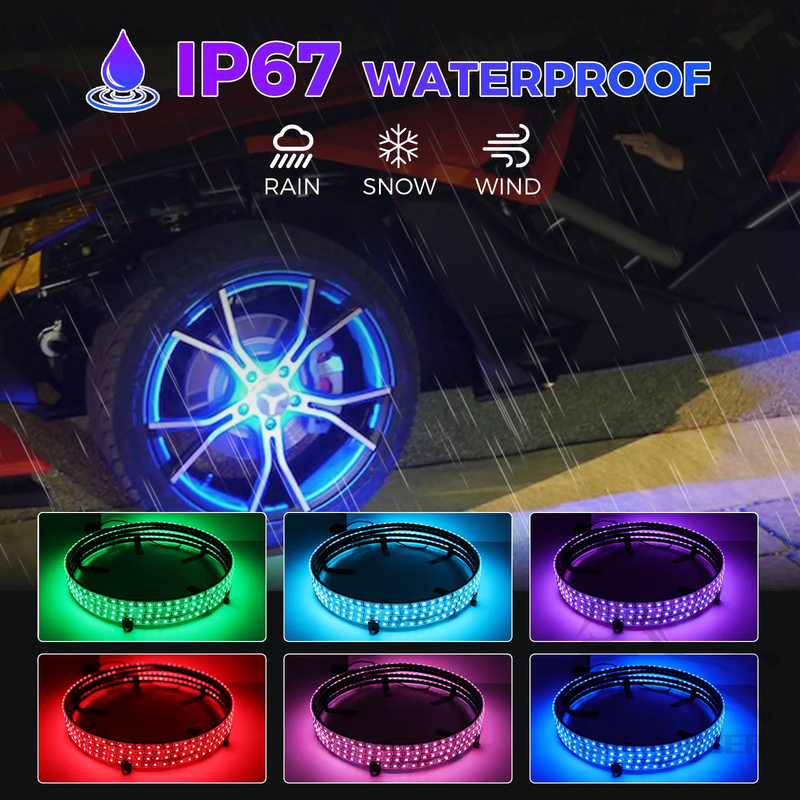 4PCS 15.5inch RGB LED Wheel Ring Light Kit Bluetooth Control w/Turn Signal and Braking Function can Controlled by Remote and APP(Double Row)