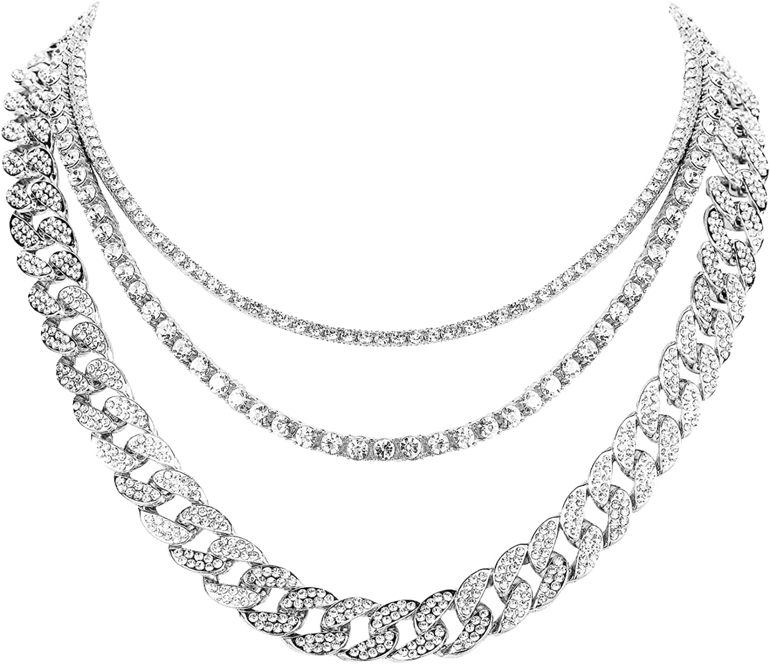 HH Bling Empire Gold Tennis and Cuban Link Chain for Men,Iced Out Mens Diamond Cuban Chain Necklace Sets,Hip Hop Rapper Jewelry Chains,3 Pcs 18/20/24 Inch (Set C-Silver)