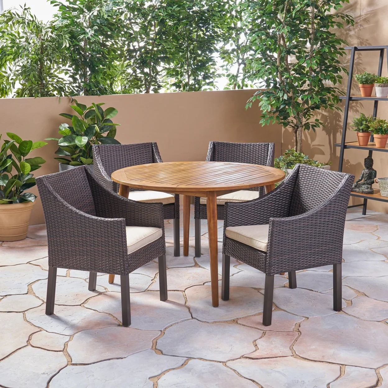 GDF Studio Gaven Outdoor Acacia Wood and Wicker 5 Piece Dining Set with Cushion, Teak, Multibrown, and Beige
