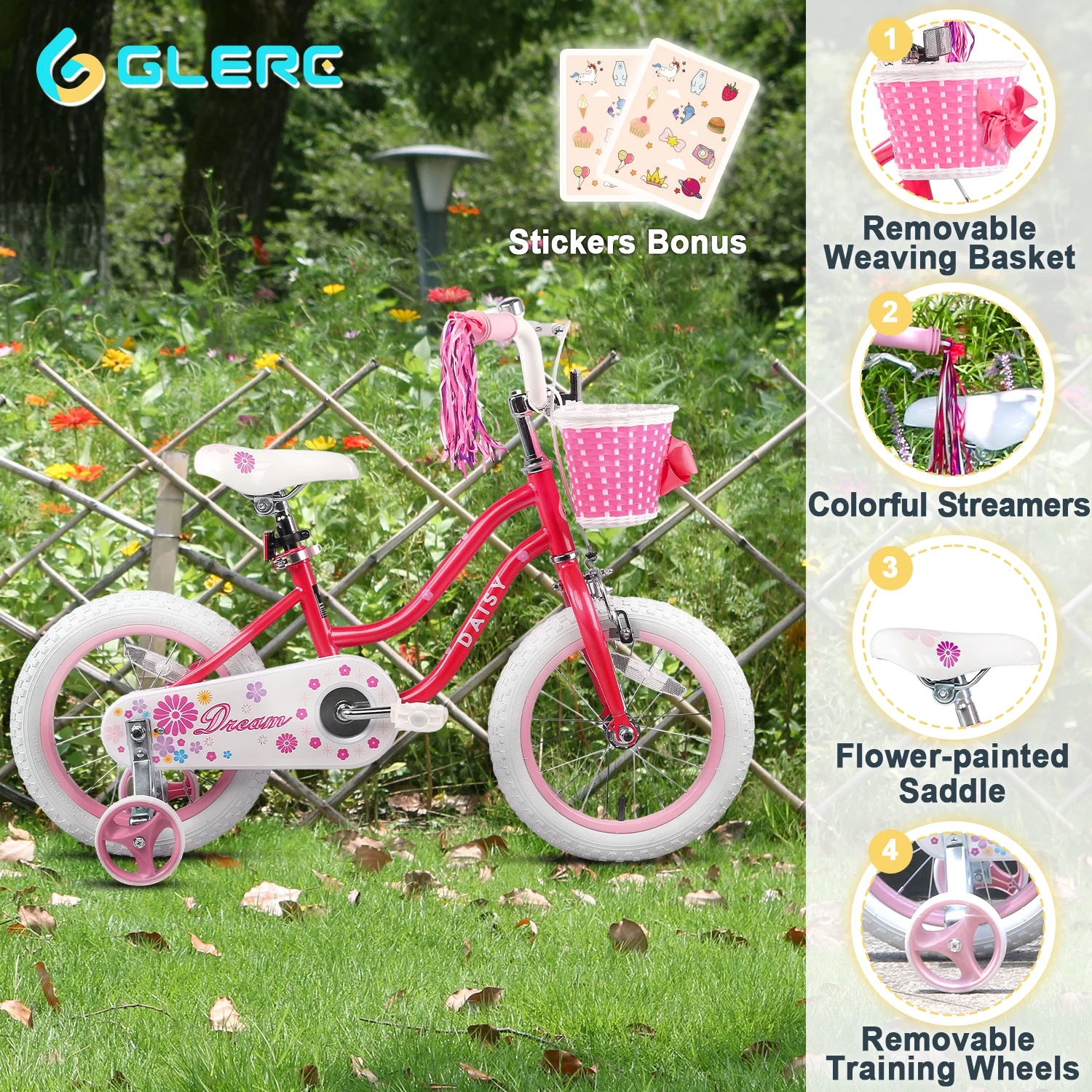 Glerc Daisy 12 Inch Girls Bike Ages 1 2 3 4 Years Old Kids Bicycle Princess Style with Training Wheels & Basket & Streamers & Bell for Birthday, Red