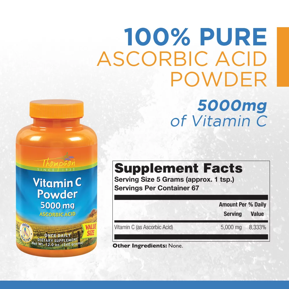 Thompson Vitamin C Powder | 5000mg | 100% Pure Ascorbic Acid | Immune Support & Antioxidant Supplement (12 oz)