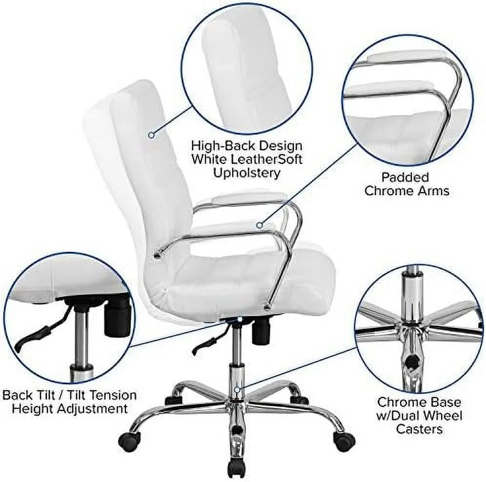 HBBOOMLIFE High Back White LeatherSoft Executive Swivel Office Chair - Rose Gold Frame/Arms